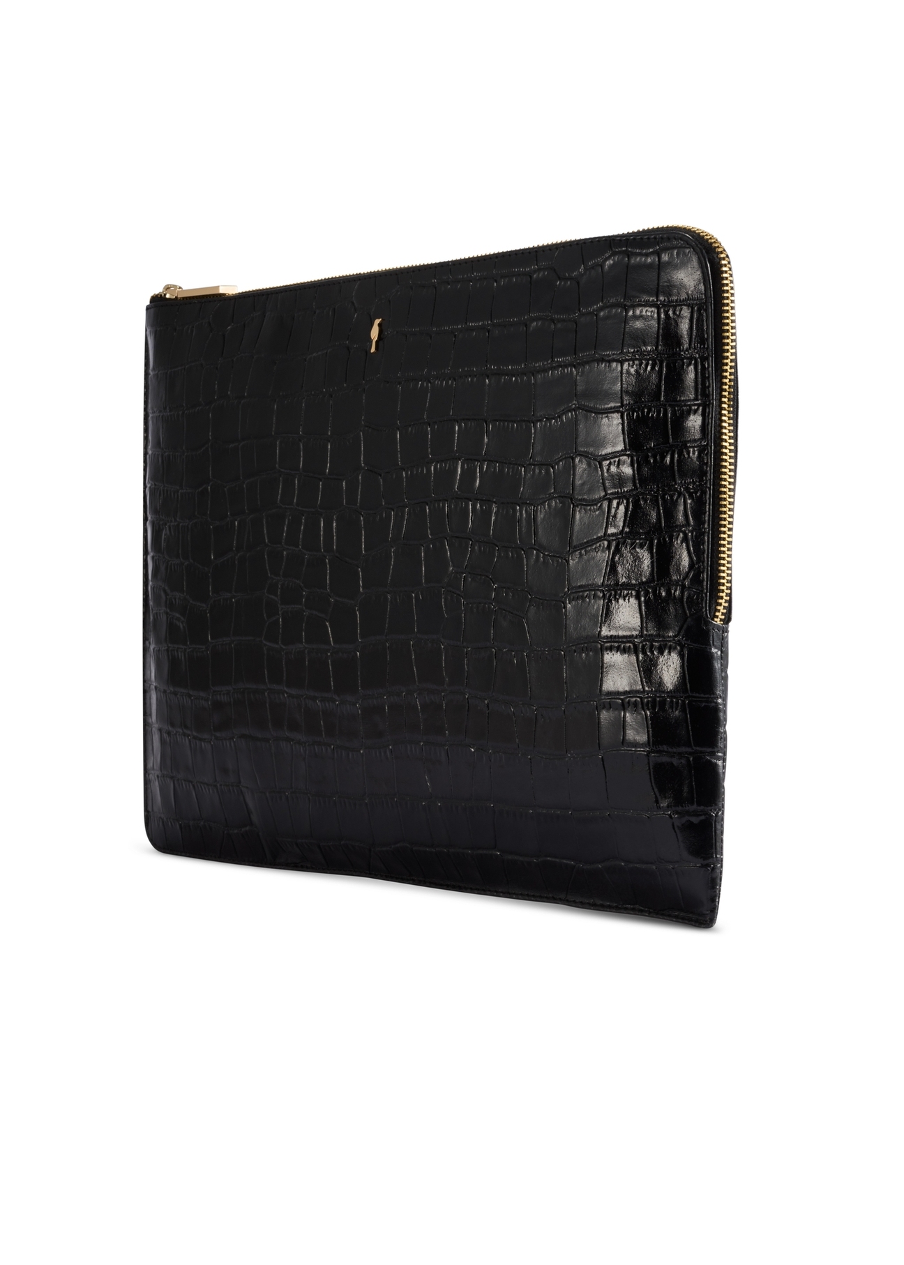 Czarna skórzana teczka damska TORES-0853F-9G(W26) - widok produktu po skosie, na białym tle. 