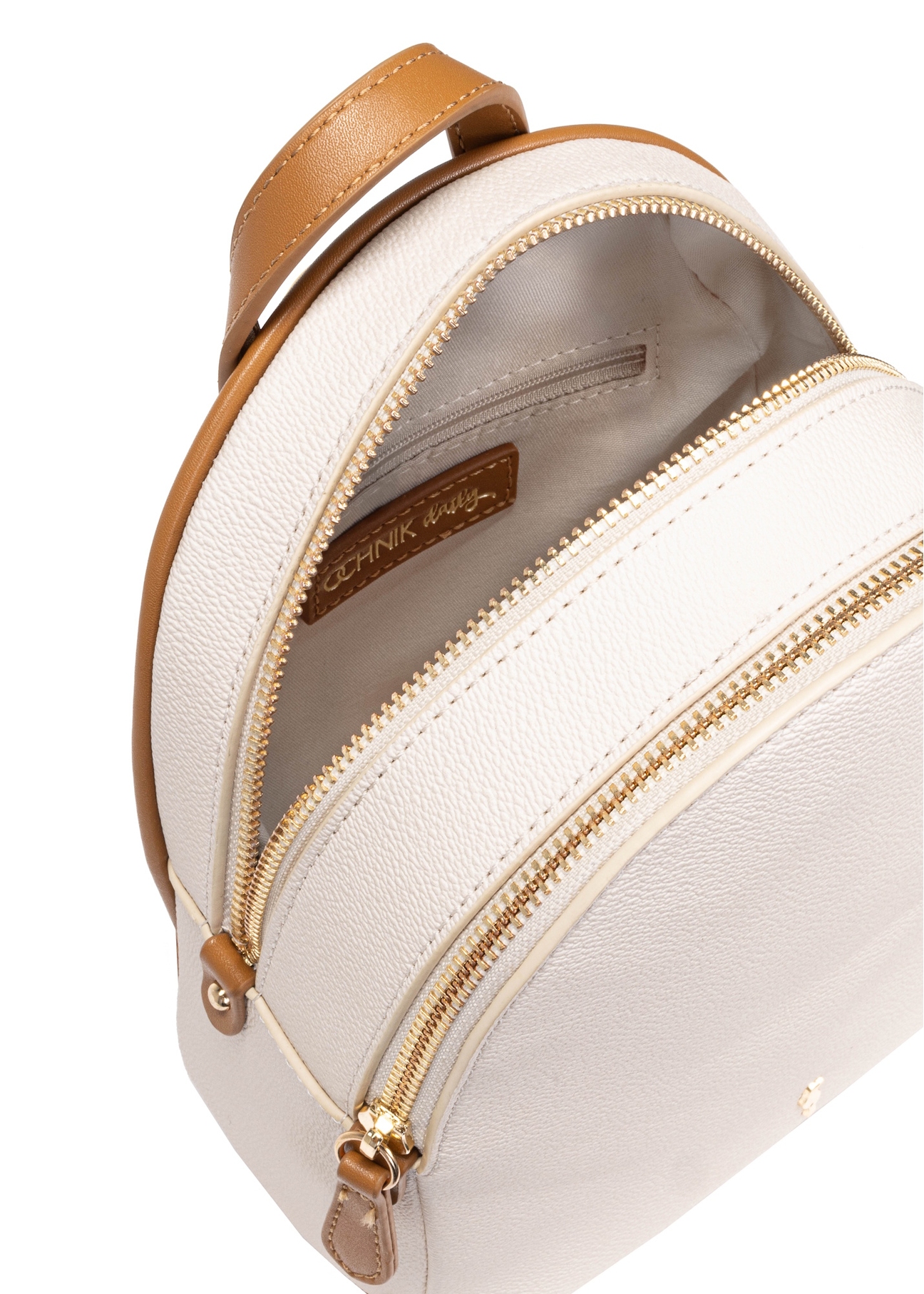Small women's backpack in cream color TOREC-0999-12(W25) - product view from above and diagonally on a white background.