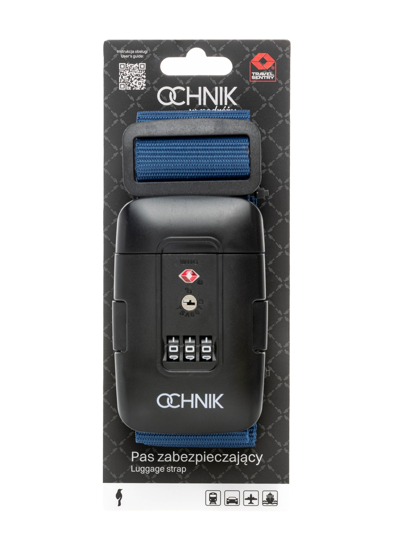 Pas bagażowy w kolorze granatowym AW-011-004-7D(W26), widok produktu z opakowaniem na białym tle.