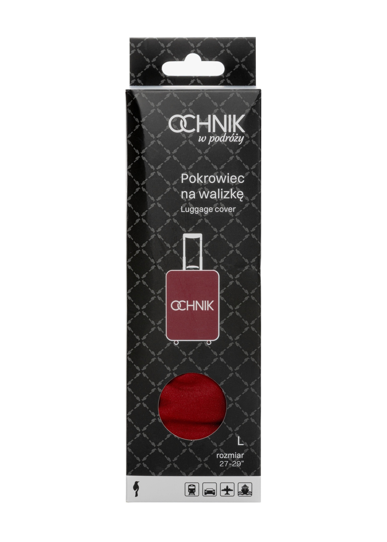 Czerwony pokrowiec na dużą walizkę z logo AW-013-0002-4B-L(W26), widok produktu z przodu w opakowaniu.