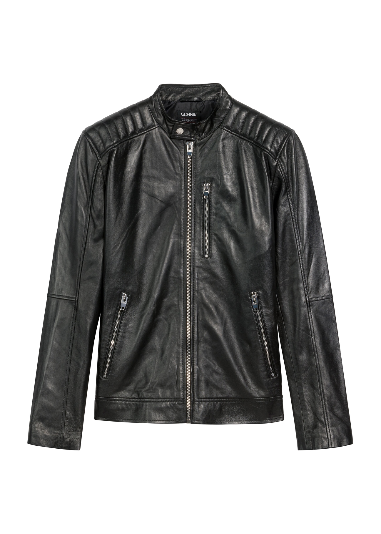 Skórzana kurtka męska ze stójką KURMS-0191A-5491(KS), widok kurtki od przodu na białym tle.