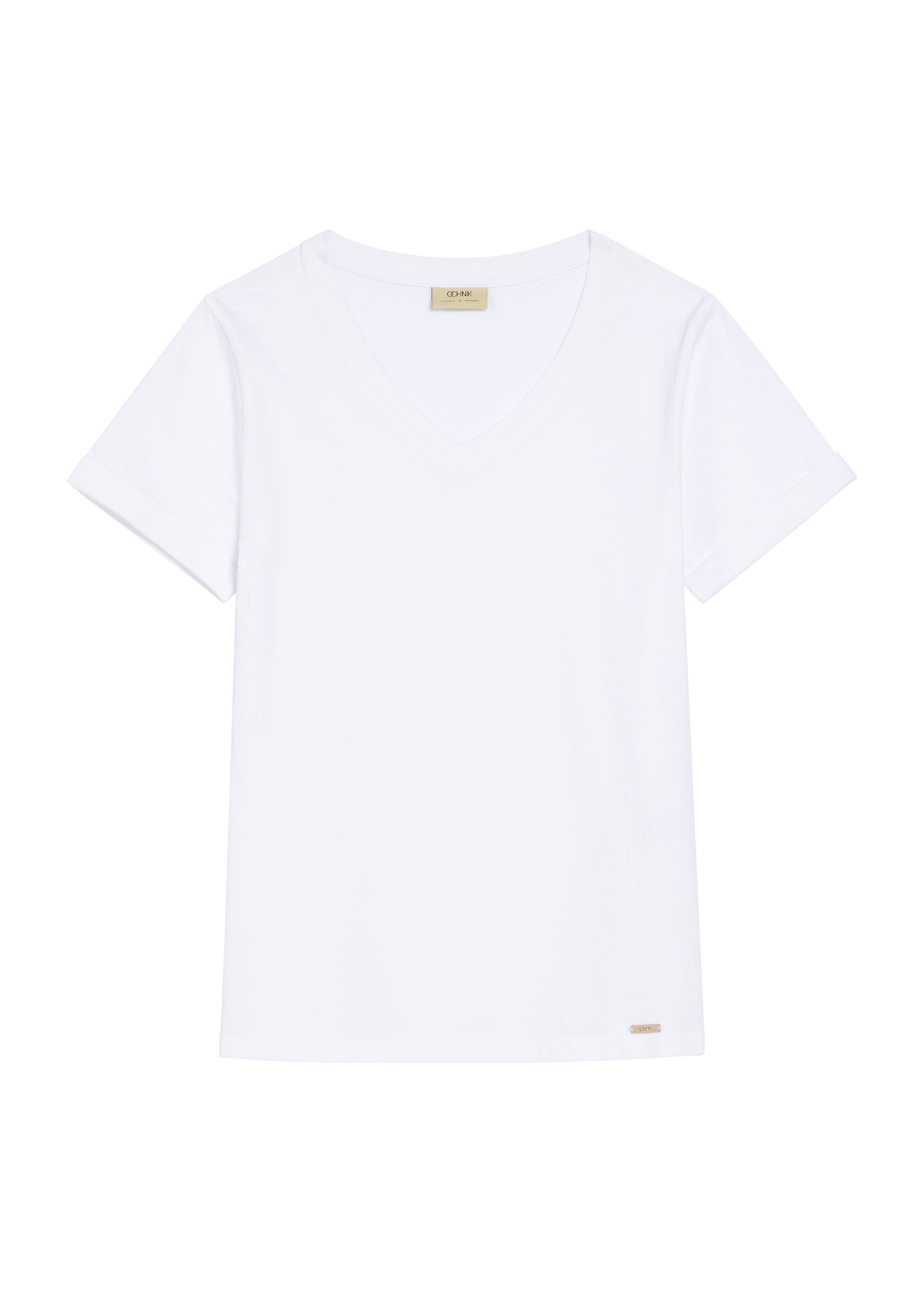 Biały T-shirt damski w serek TSHDT-0118A-11(Z25), widok produktu z przodu na białym tle.