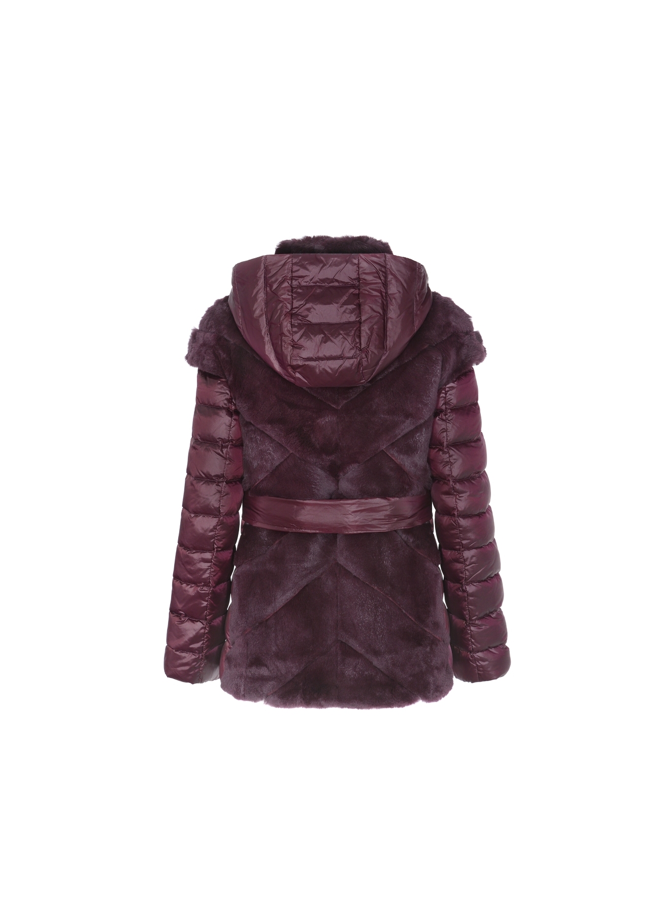 Bordowe futro damskie z kapturem naturalne FUTDT-0023-5513(Z20)-03