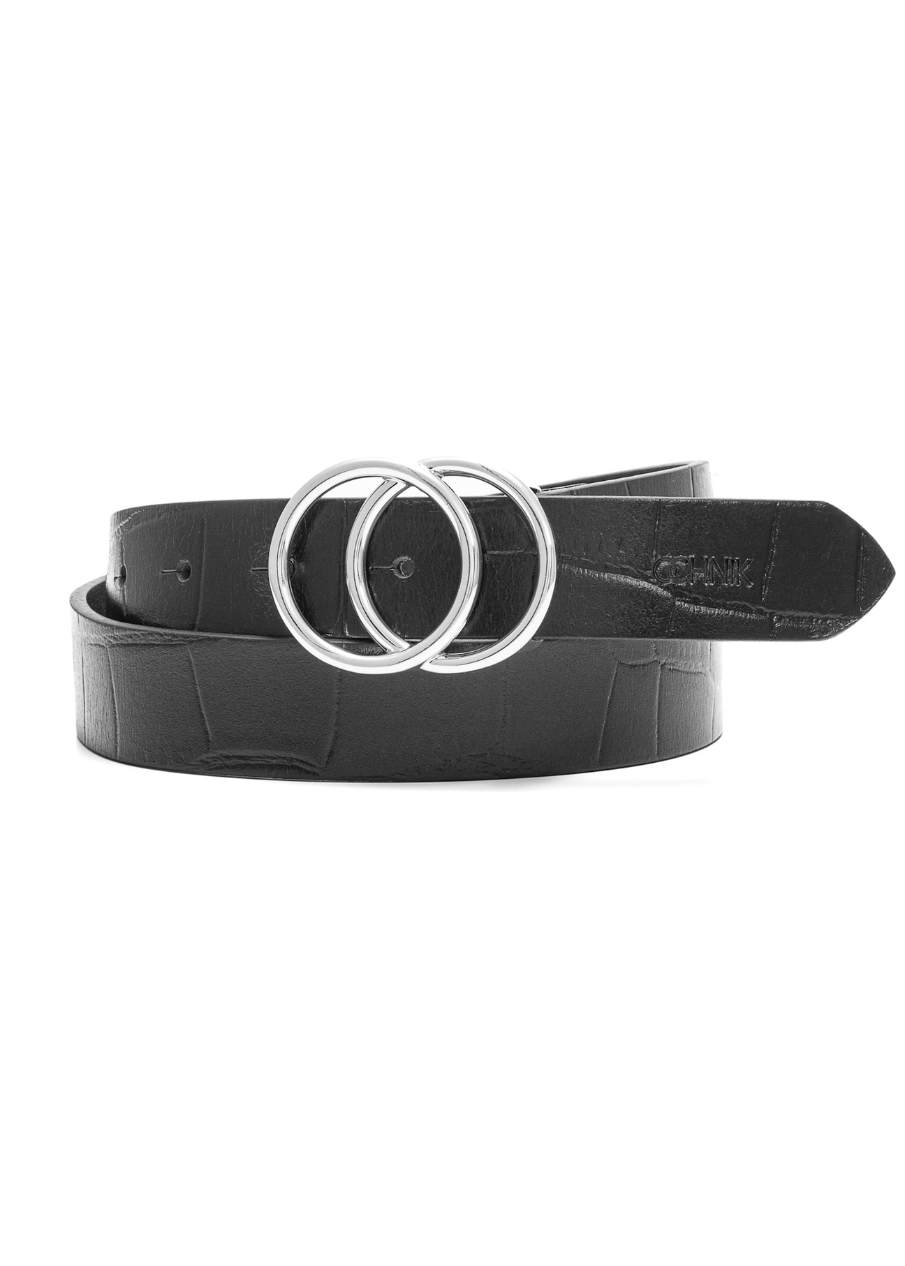 Czarny pasek damski z motywem croco PASDS-0172E-99(Z25), widok produktu z przodu na białym tle.