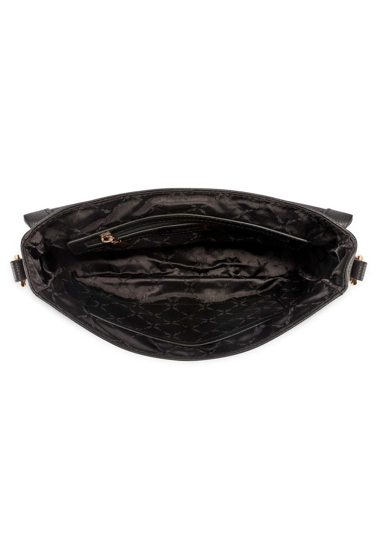 Czarna skórzana torebka listonoszka TORES-1266-9I(W26) - widok produktu z góry, na białym tle.