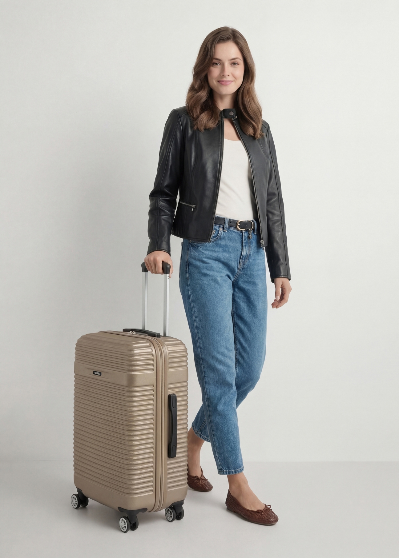 Walizka średnia na kółkach WALAB-0040-2X-24(W26), widok produktu skosem przy modelce, widoczna cała sylwetka.