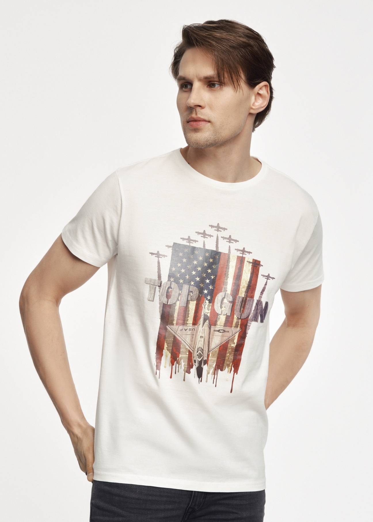 Kremowy T-shirt męski Top Gun TSHMT-0093-11(W23)-01