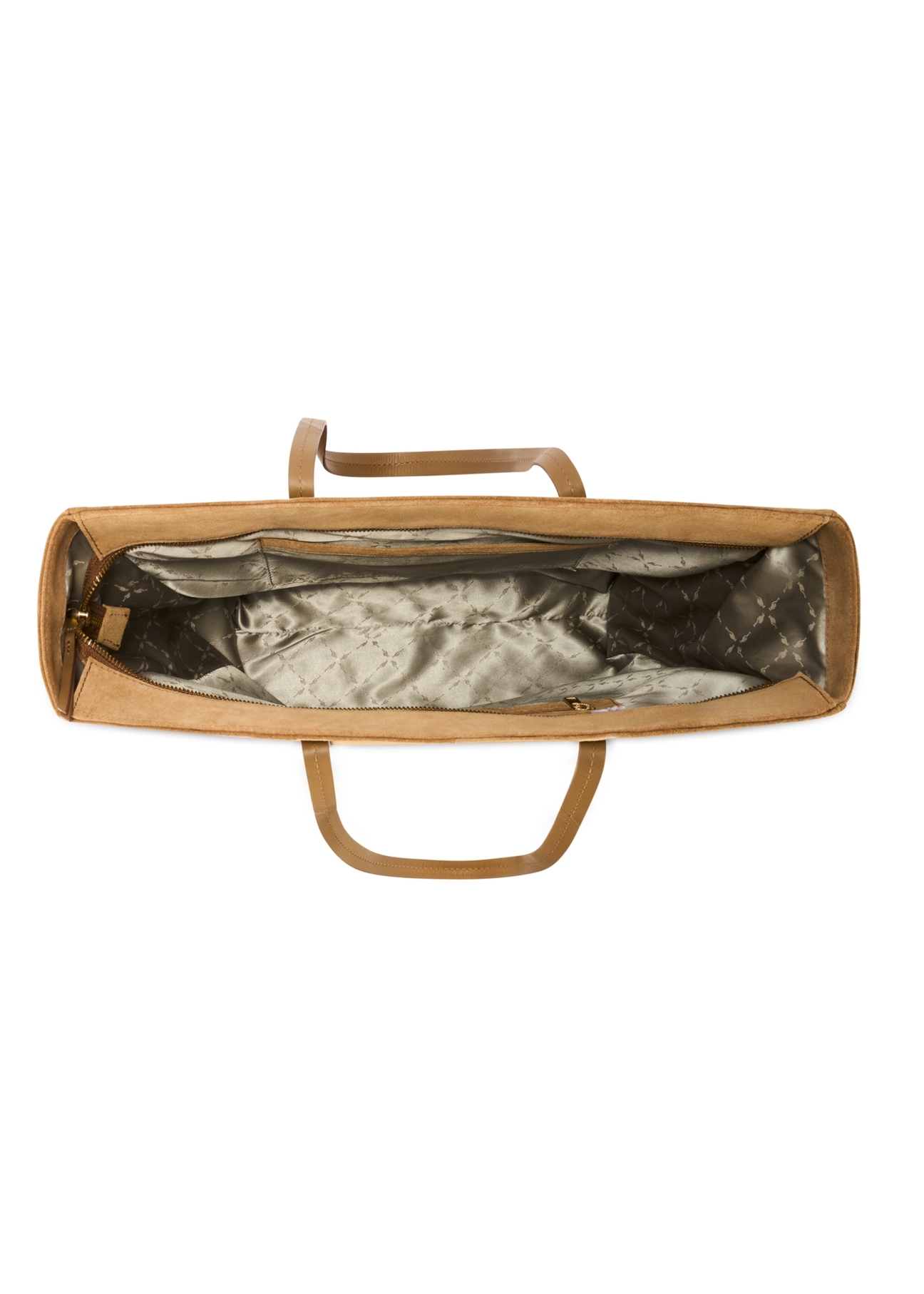 Beżowa zamszowa torebka shopper damska TORES-1248-1B(W26), widok produktu od góry na białym tle.