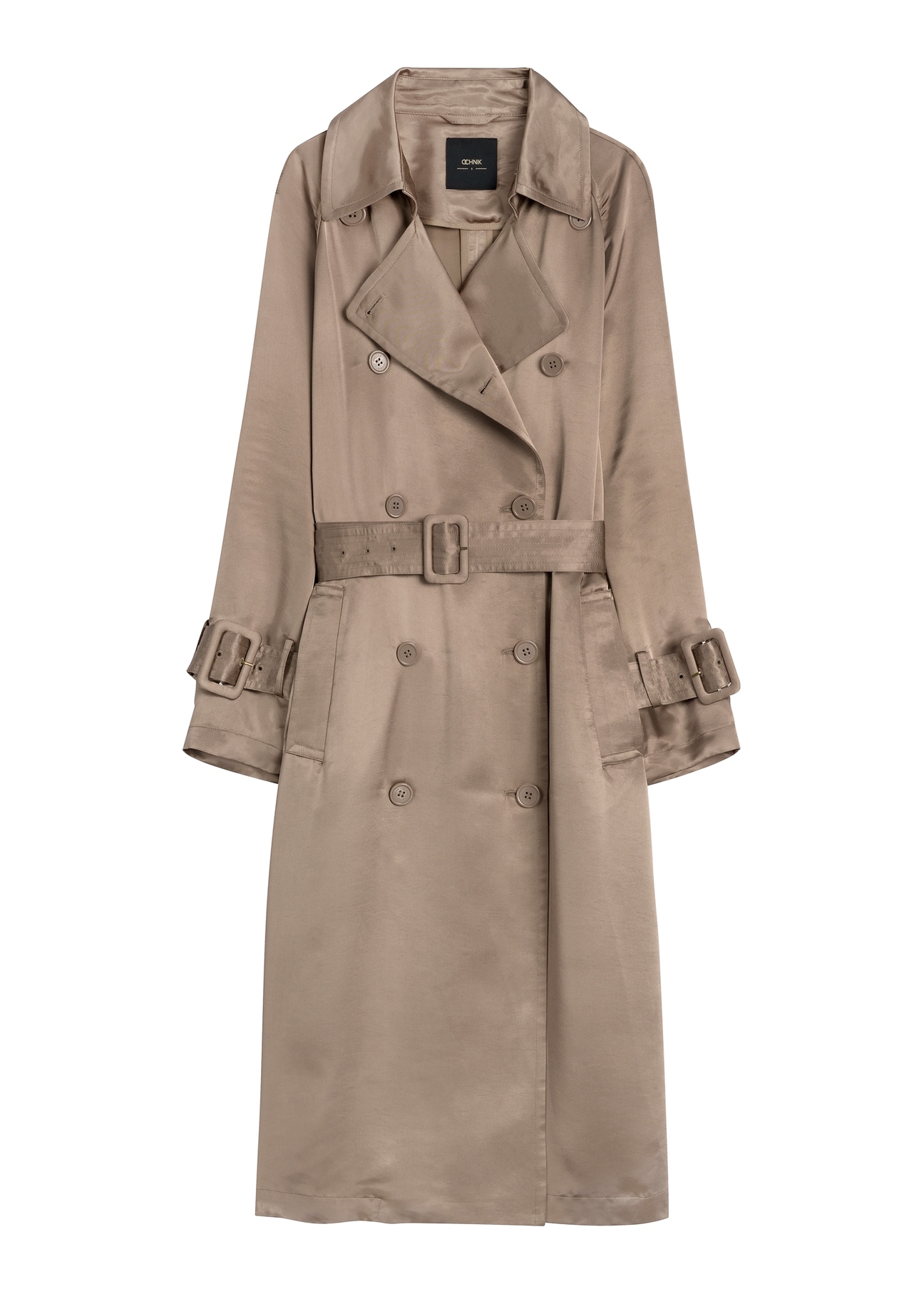 Lekki płaszcz damski z wiskozy KURDT-0650-1K(W26) - widok produktu z przodu, na białym tle. 