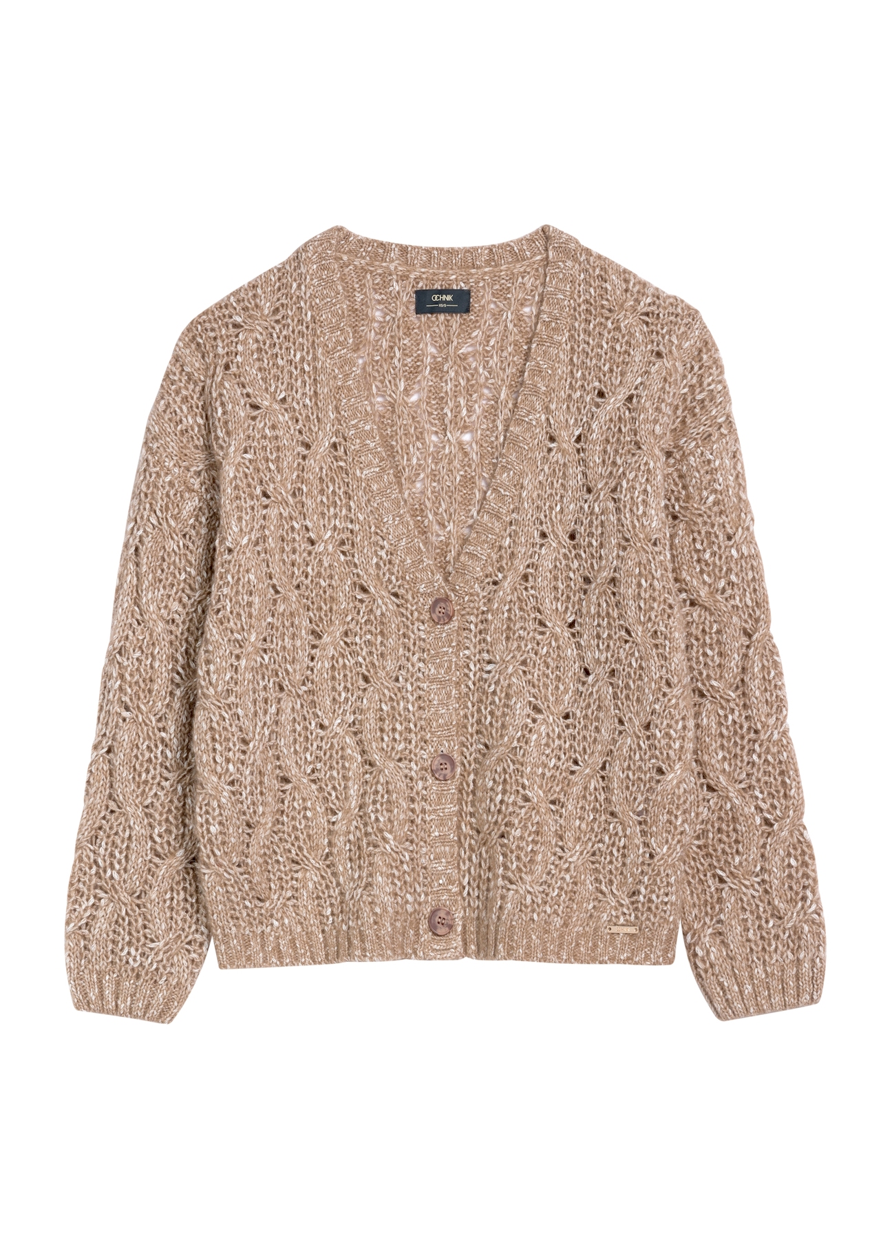 Kardigan damski w kolorze camelu KARDT-0054-24(Z25), widok produktu od przodu na białym tle.