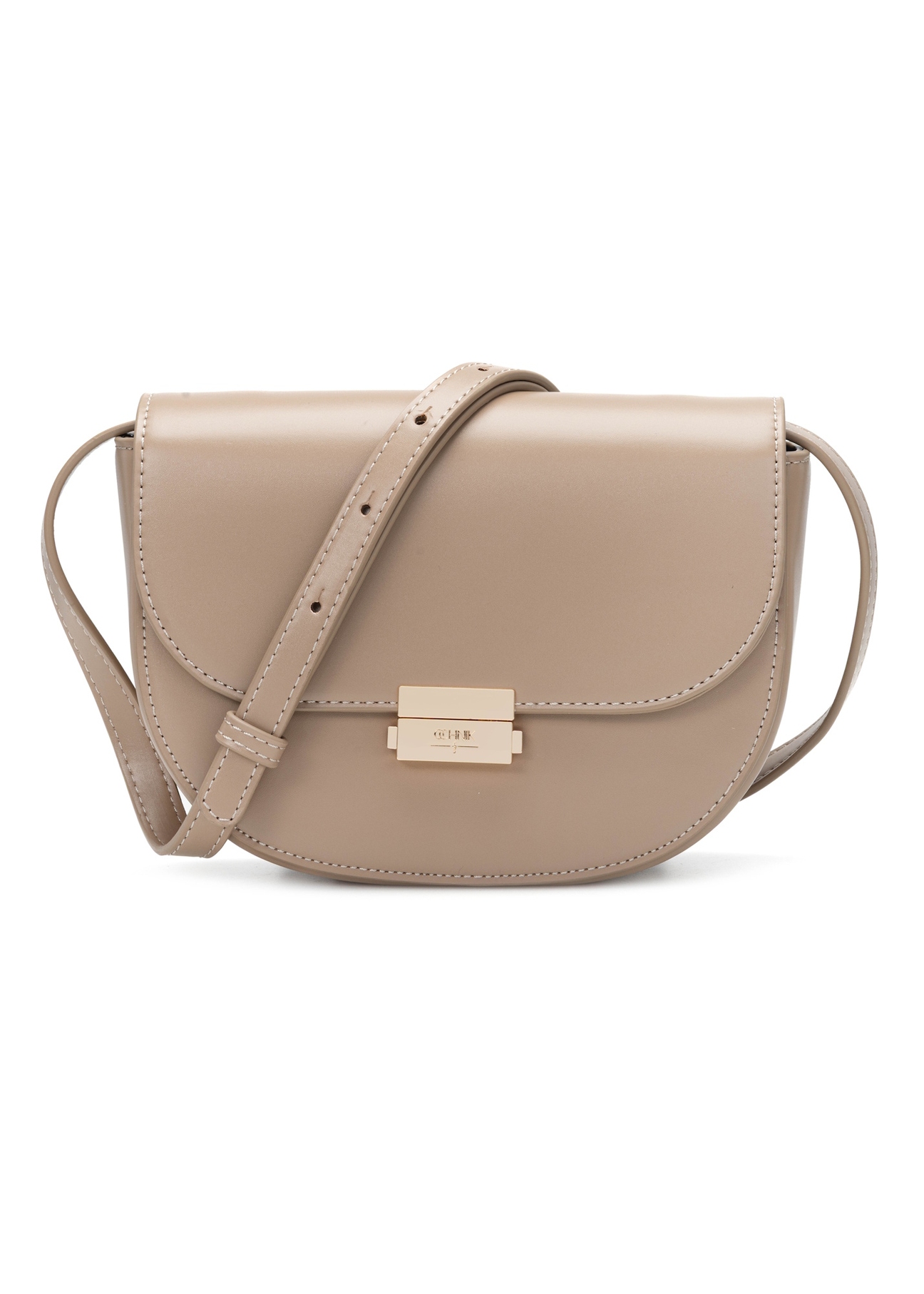 Camelowa półokrągła listonoszka damska TOREC-1127-1D(W26), widok produktu z przodu na białym tle.