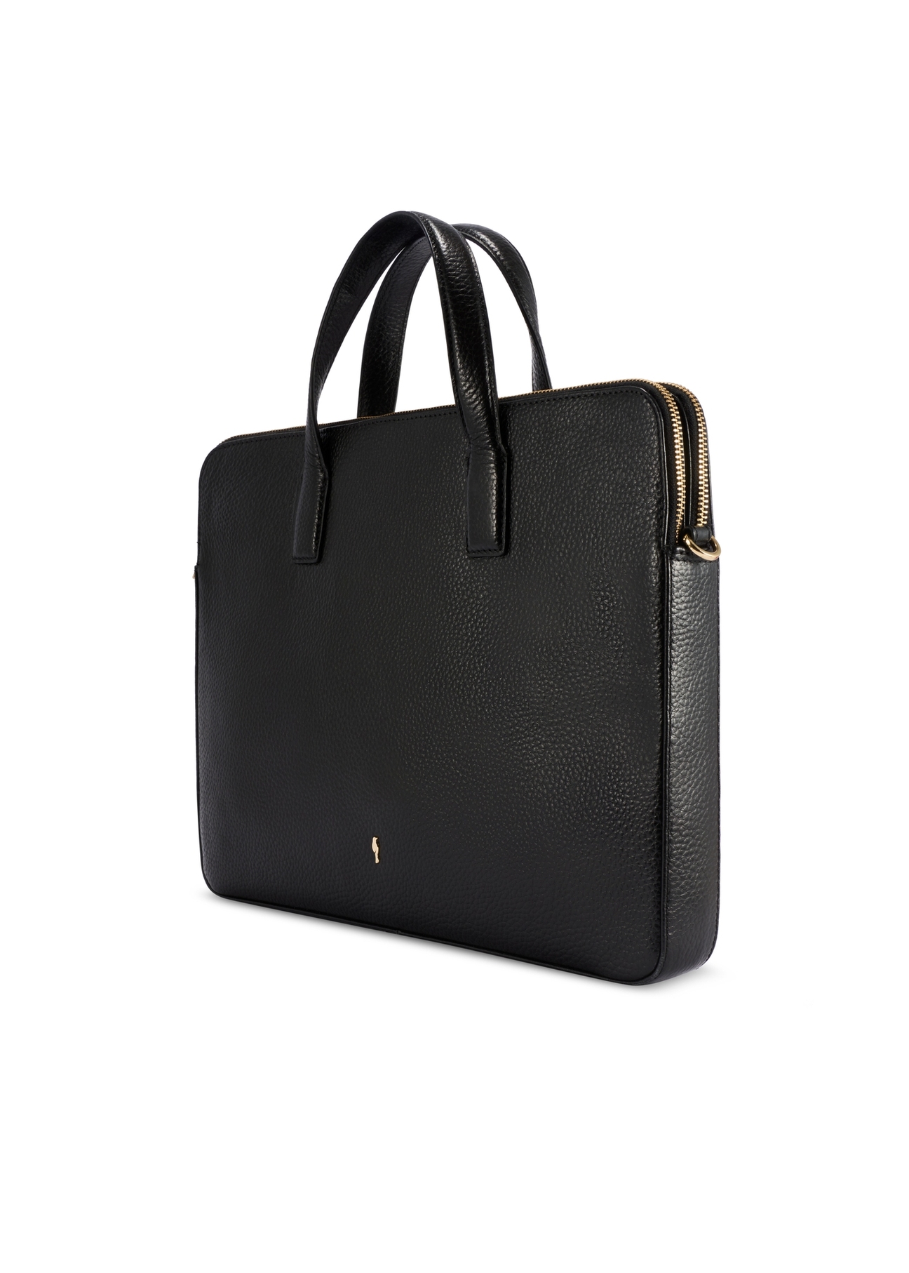 Czarna skórzana torba na laptopa TORES-1070A-99(W26), widok produktu skosem na białym tle.
