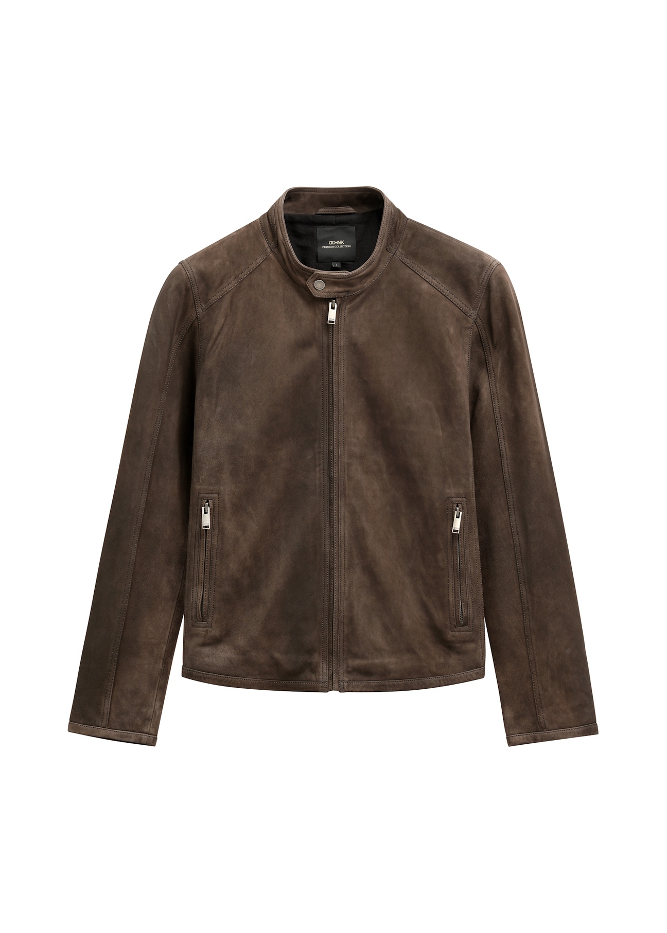 Brązowa zamszowa kurtka męska KURMS-0396-1I(W26), widok produktu z przodu na białym tle.