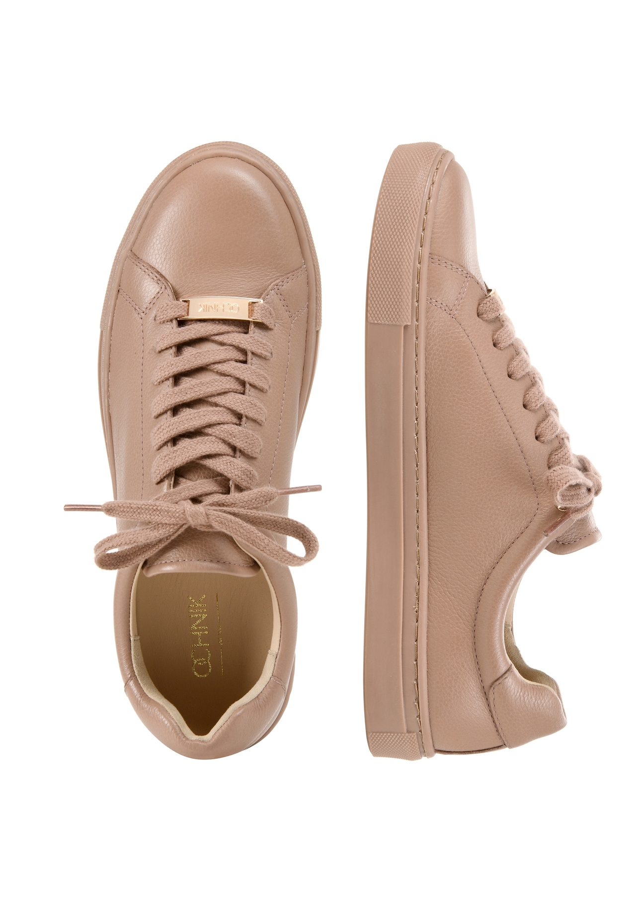 Różowe skórzane tenisówki damskie BUTYD-1068-5D(W26), widok produktu z góry na białym tle.