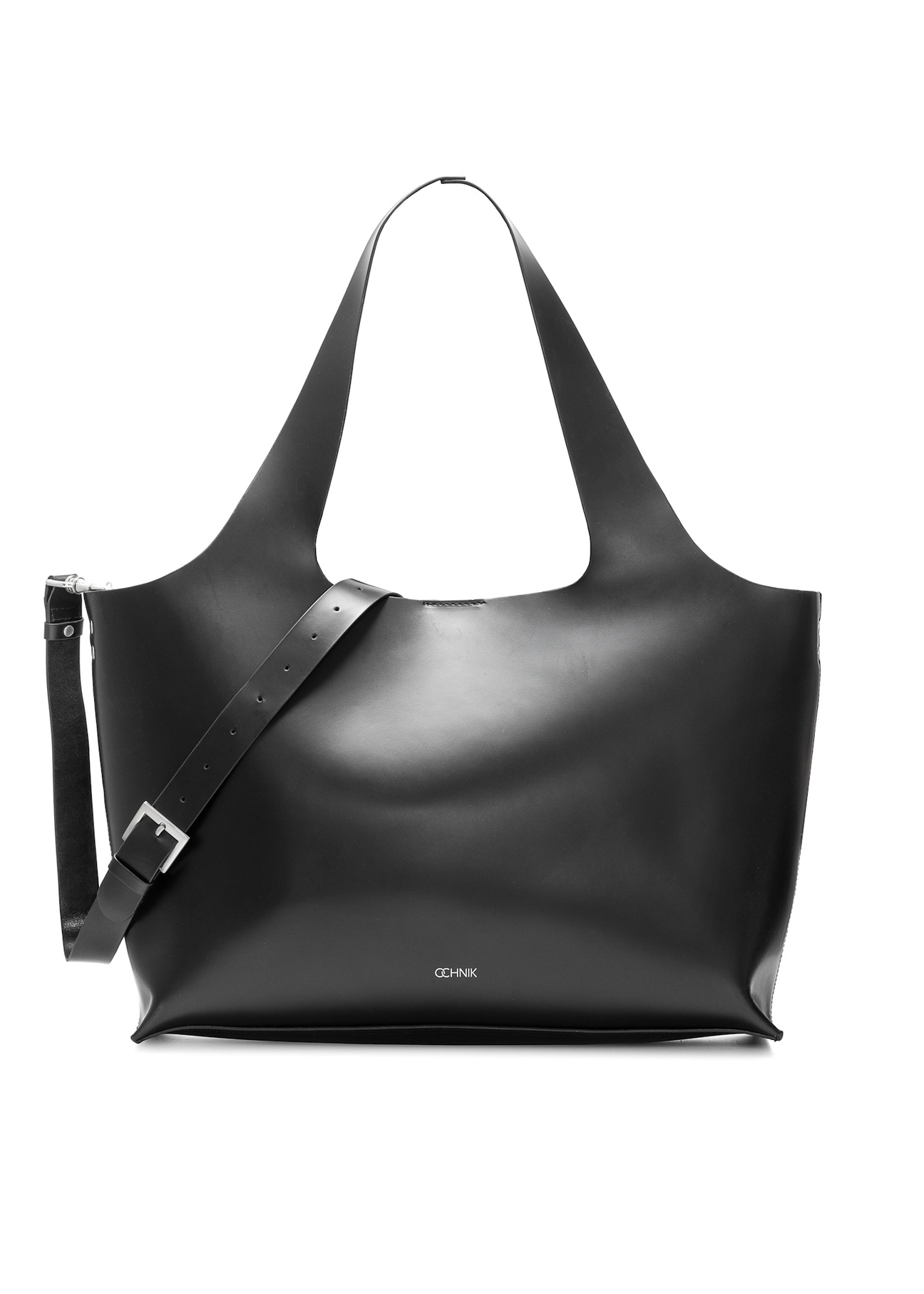 Czarna duża skórzana torebka shopper TORES-1140-99(Z25), widok produktu z przodu na białym tle.