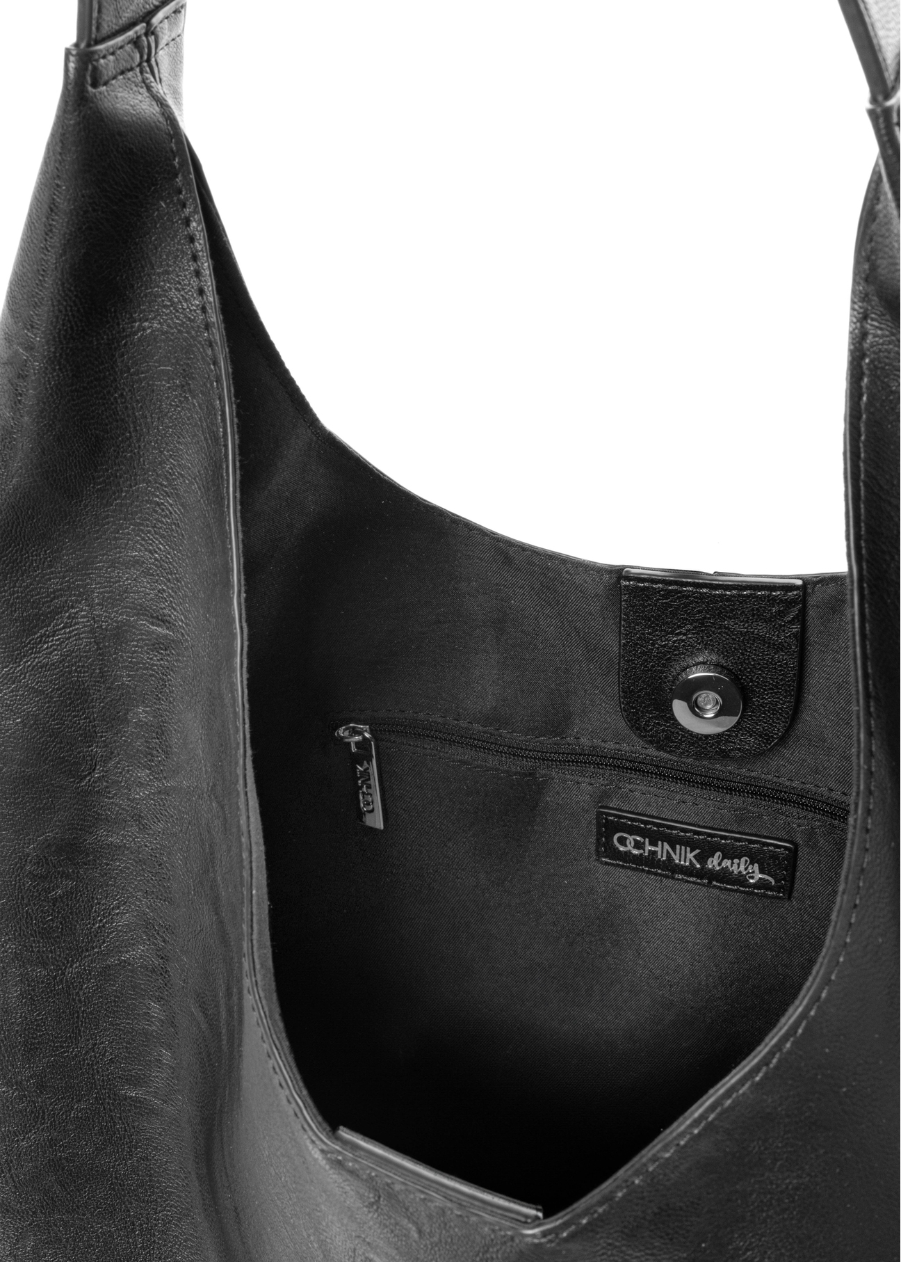 Czarna torebka damska na ramię typu shopper TOREC-1385-99(Z26). Widok od środka na białym tle.