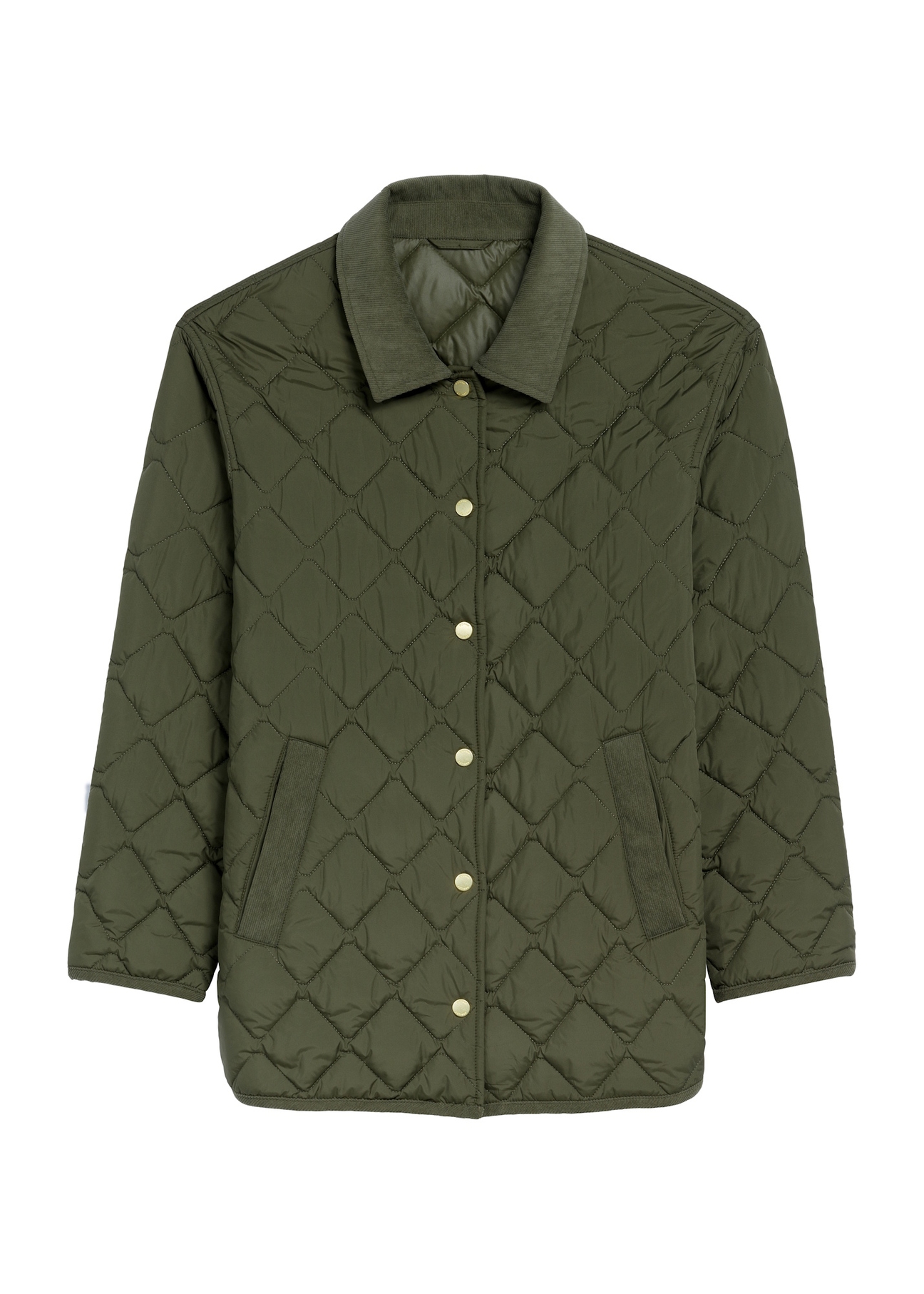 Kurtka damska z kołnierzem w kolorze khaki KURDT-0596-55(Z25) - widok produktu z przodu na białym tle. 