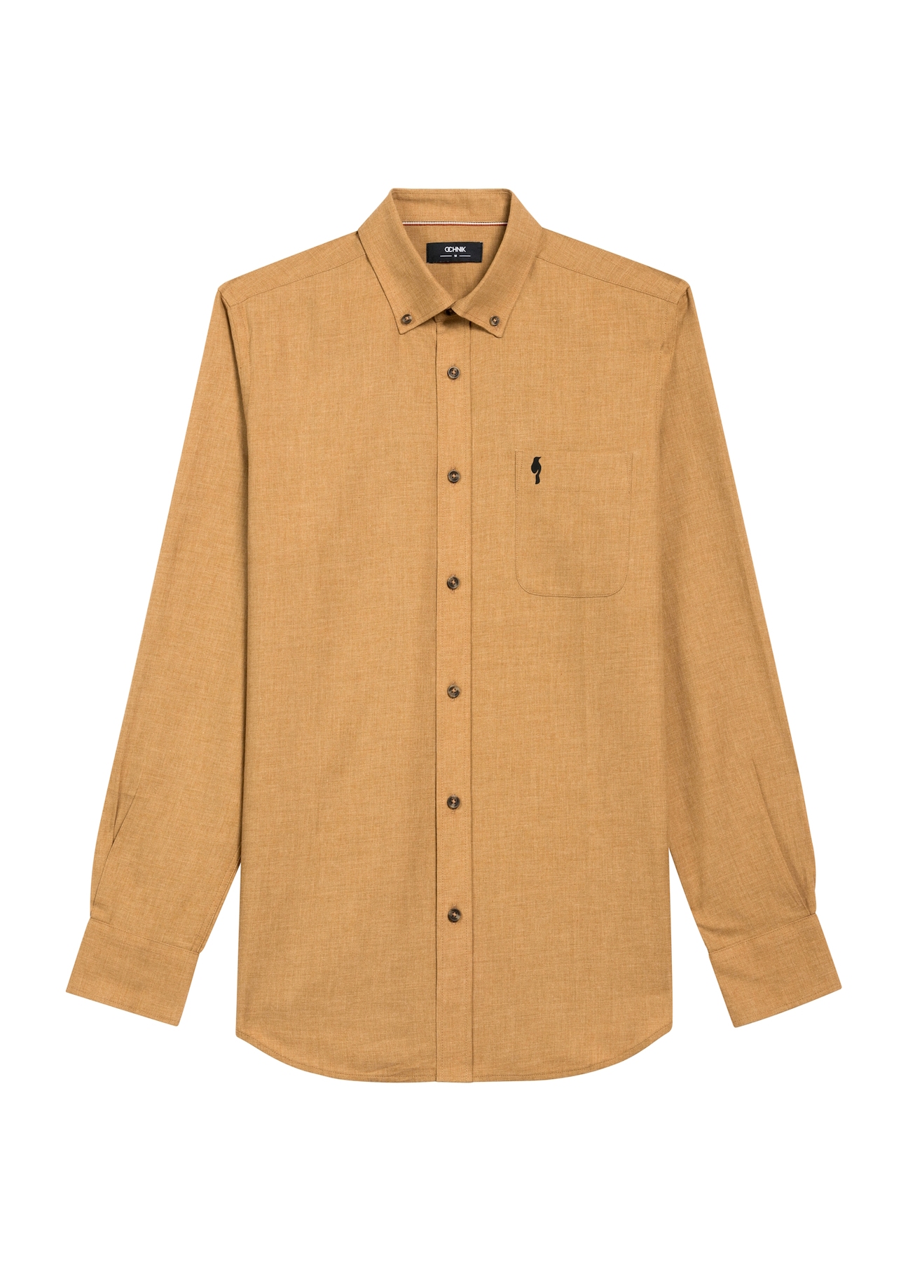 Koszula męska w kolorze camel KOSMT-0299A-24(Z25), widok produktu od przodu na białym tle.