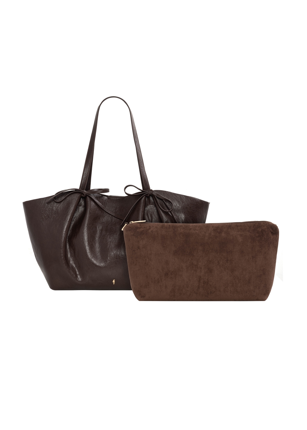 Brązowa torebka z kokardkami typu shopper TOREC-1378-1H(Z26), widok produktu z kosmetyczką na białym tle.