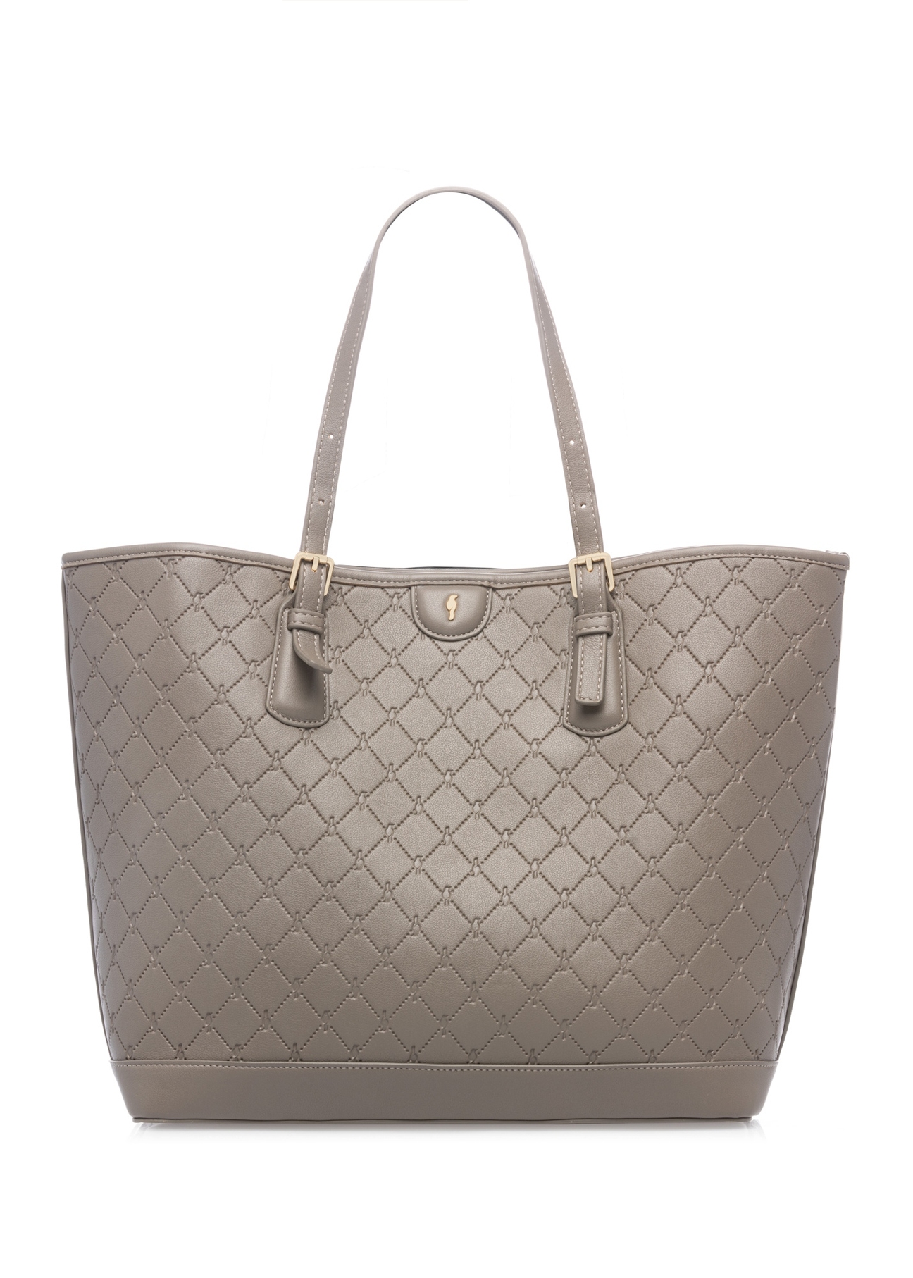 Jasnobrązowa torebka shopper z monogramem TOREC-1181-1K(W26) - widok produktu z przodu, na białym tle. 