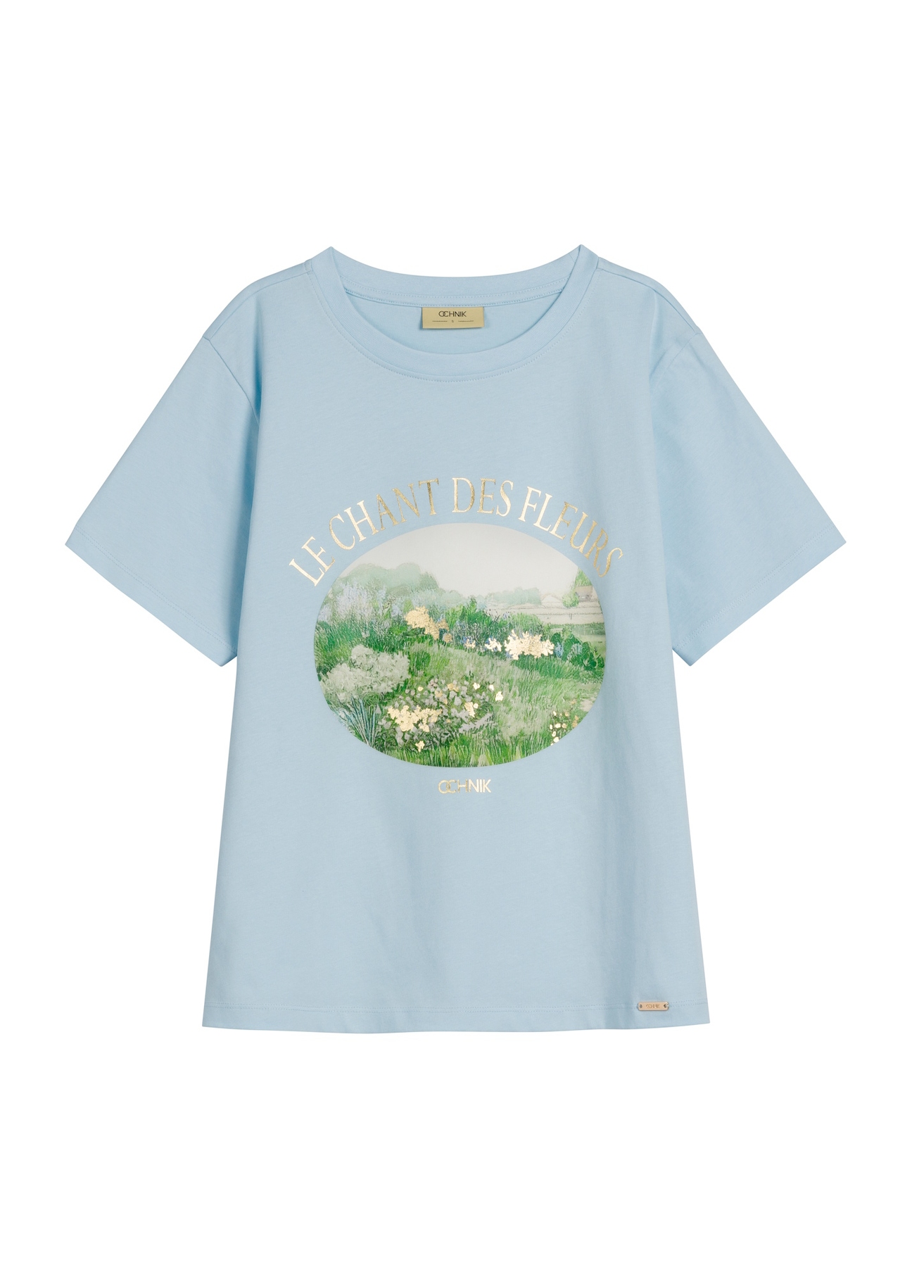 Niebieski t-shirt damski z nadrukiem TSHDT-0159-7A(W26) - widok produktu z przodu, na białym tle.