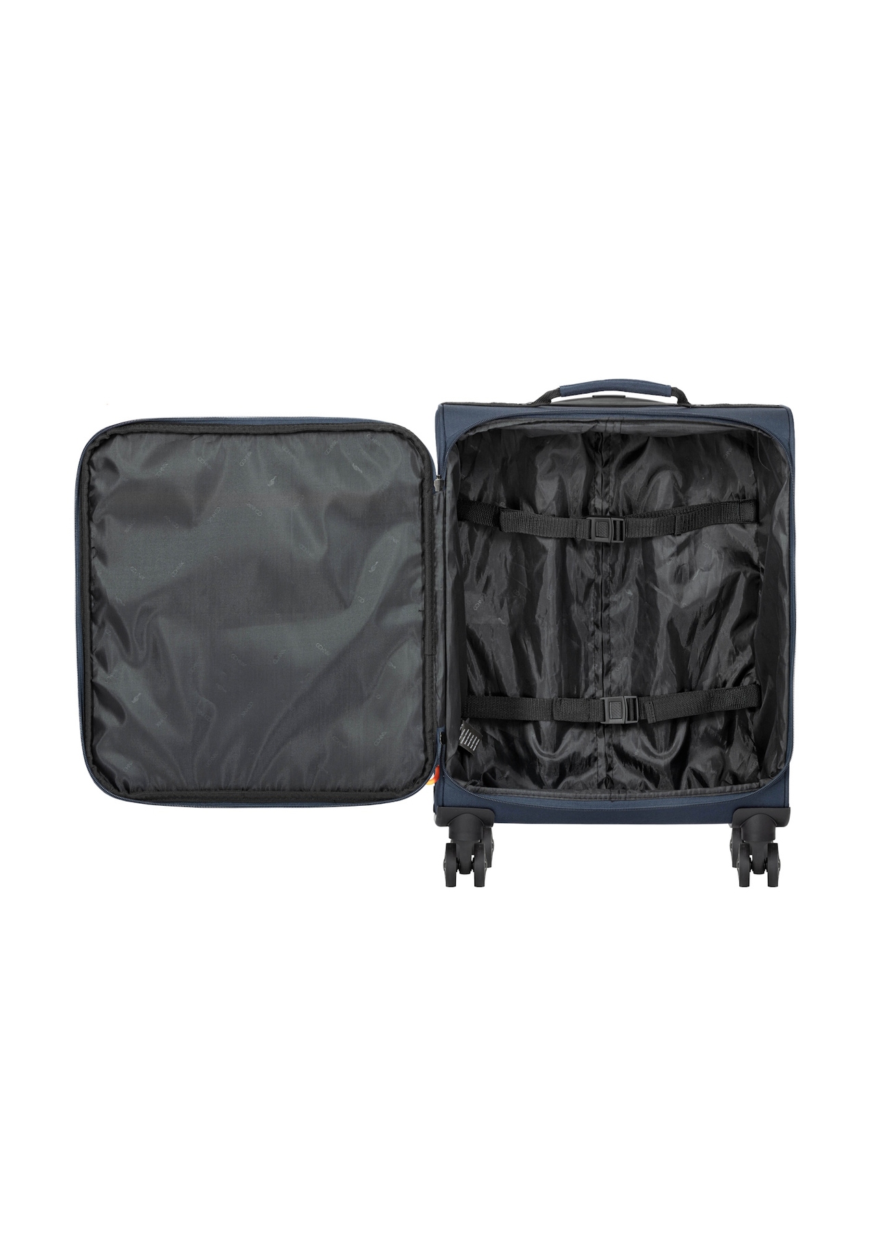 Walizka mała na kółkach WALNY-0045-7D-19(W26) - widok otwartego produktu z góry, na białym tle.