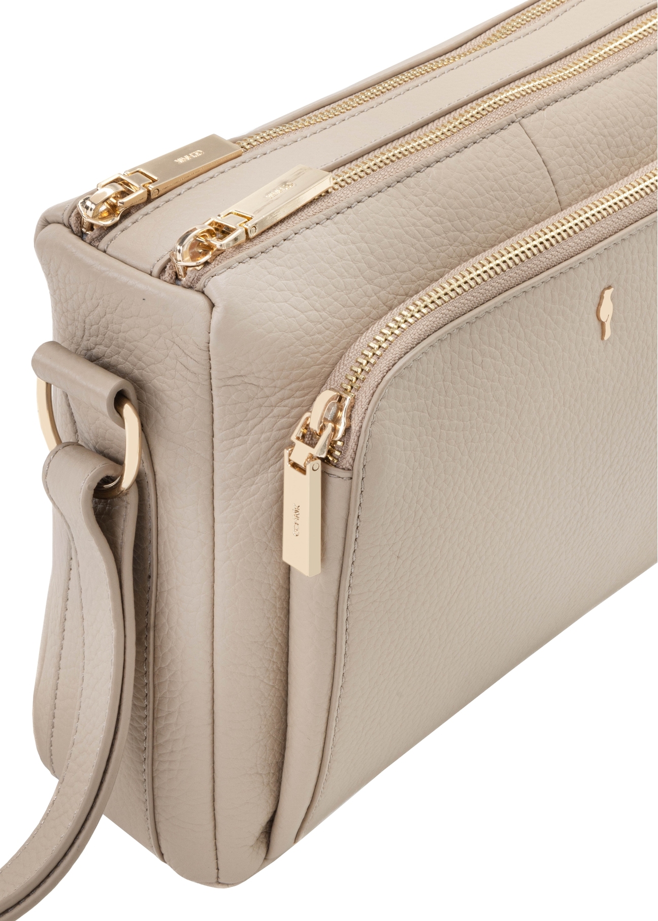 Beżowa skórzana torebka damska na ramię TORES-0983E-1B(W26), zbliżenie na detal produktu na białym tle.