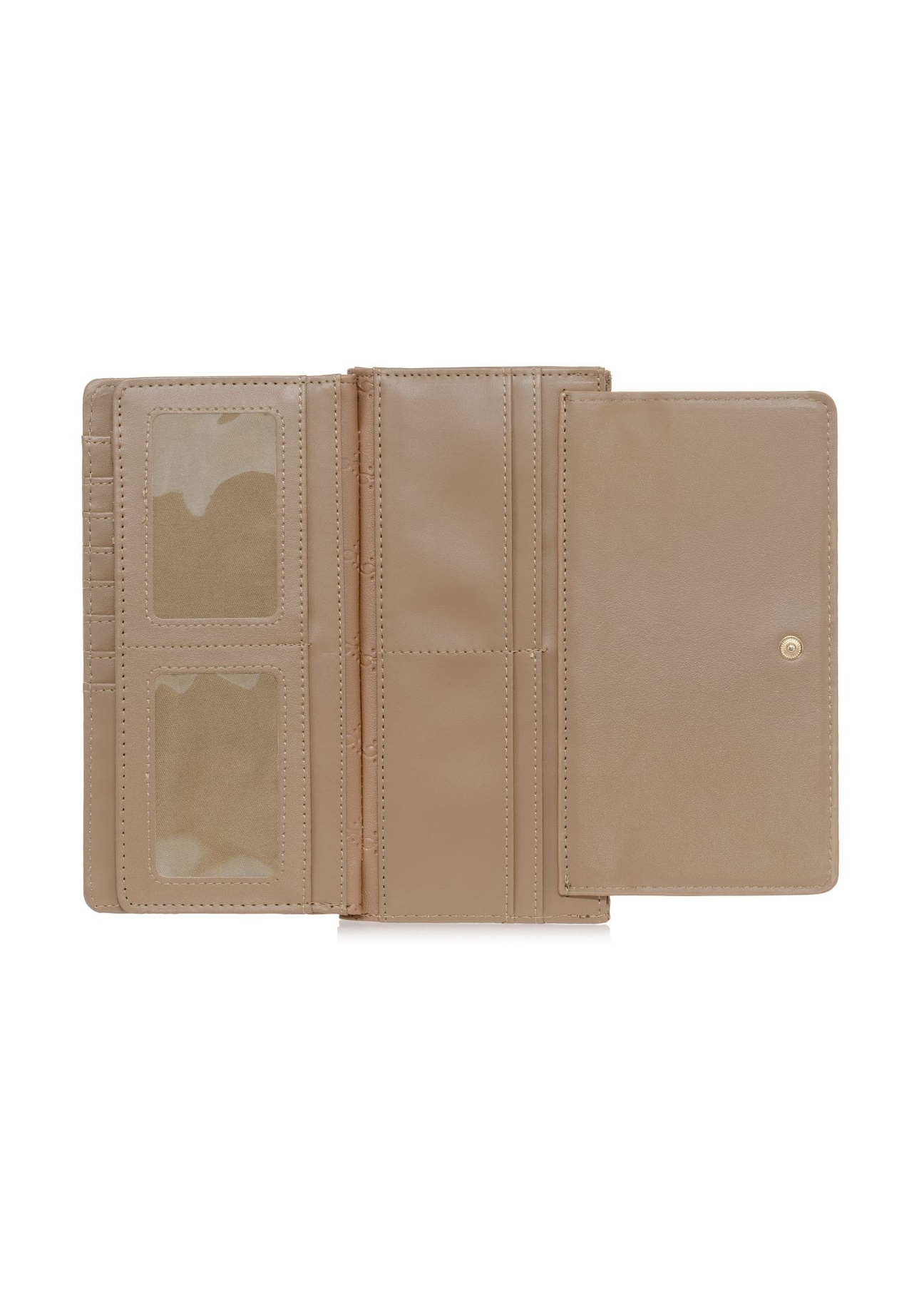 Duży beżowy portfel damski z monogramem POREC-0347A-81(Z25) - widok produktu z góry na białym tle.