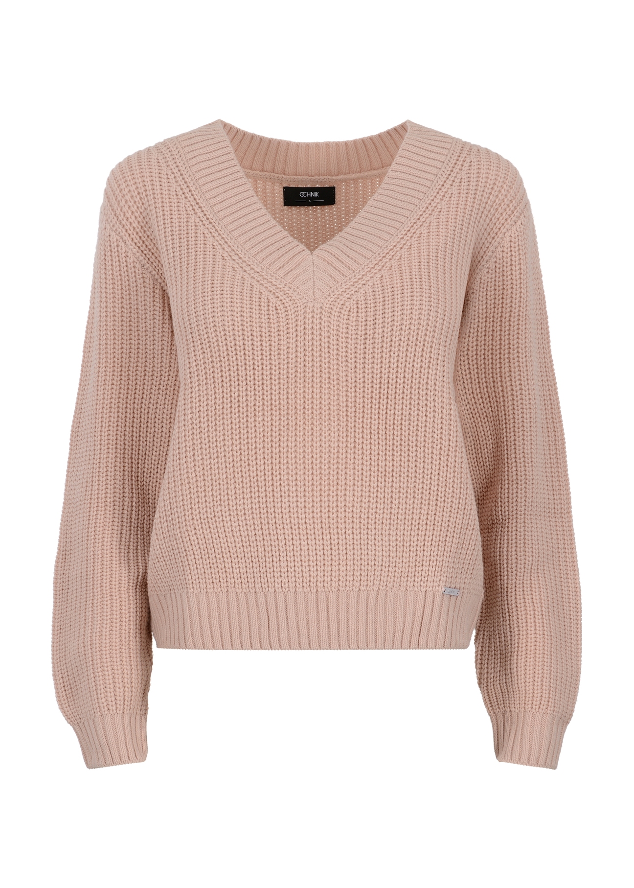 Jasnoróżowy sweter dekolt V damski SWEDT-0162-33(Z23)-04