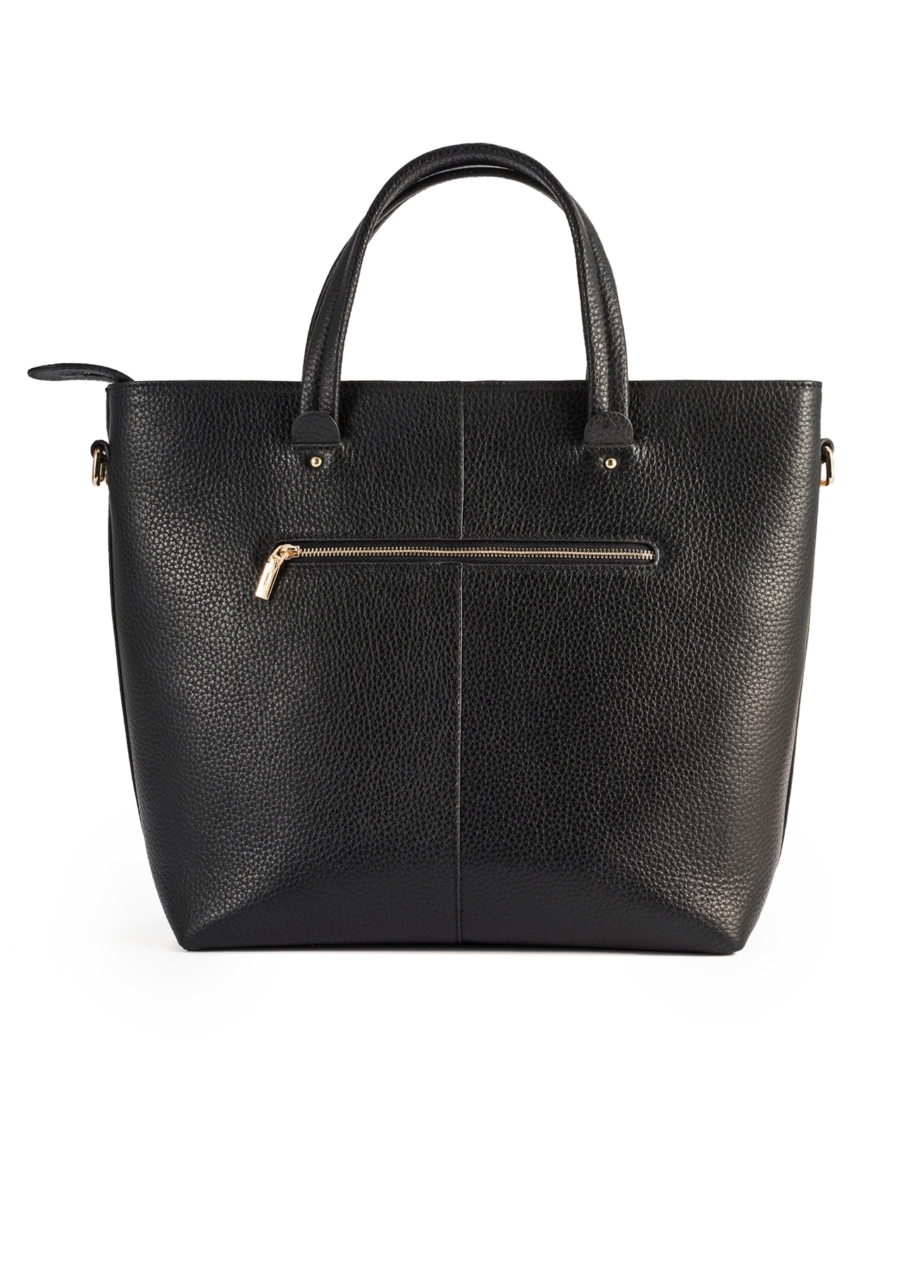 Czarna skórzana torebka shopper TORES-0728D-99(Z25), widok produktu tyłem na białym tle.