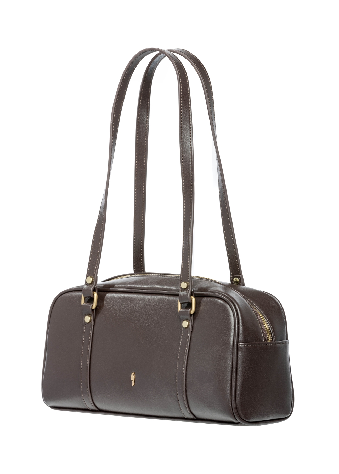 Ciemnobrązowa torebka na ramię TOREC-1233-1I(W26), widok produktu skosem na białym tle.