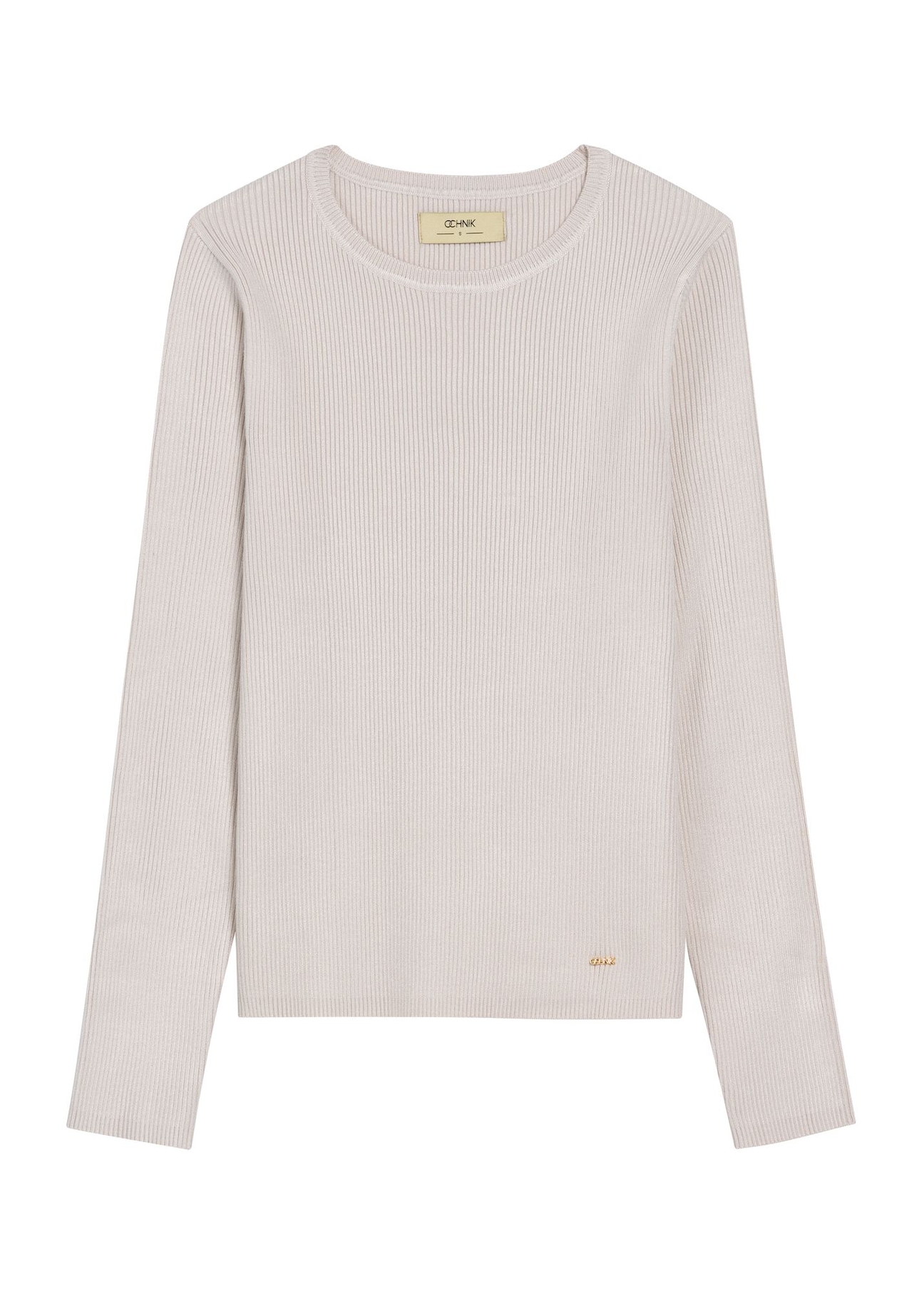 Jasnobeżowy lonsleeve damski LSLDT-0028-80(Z25) - widok produktu z przodu na białym tle. 