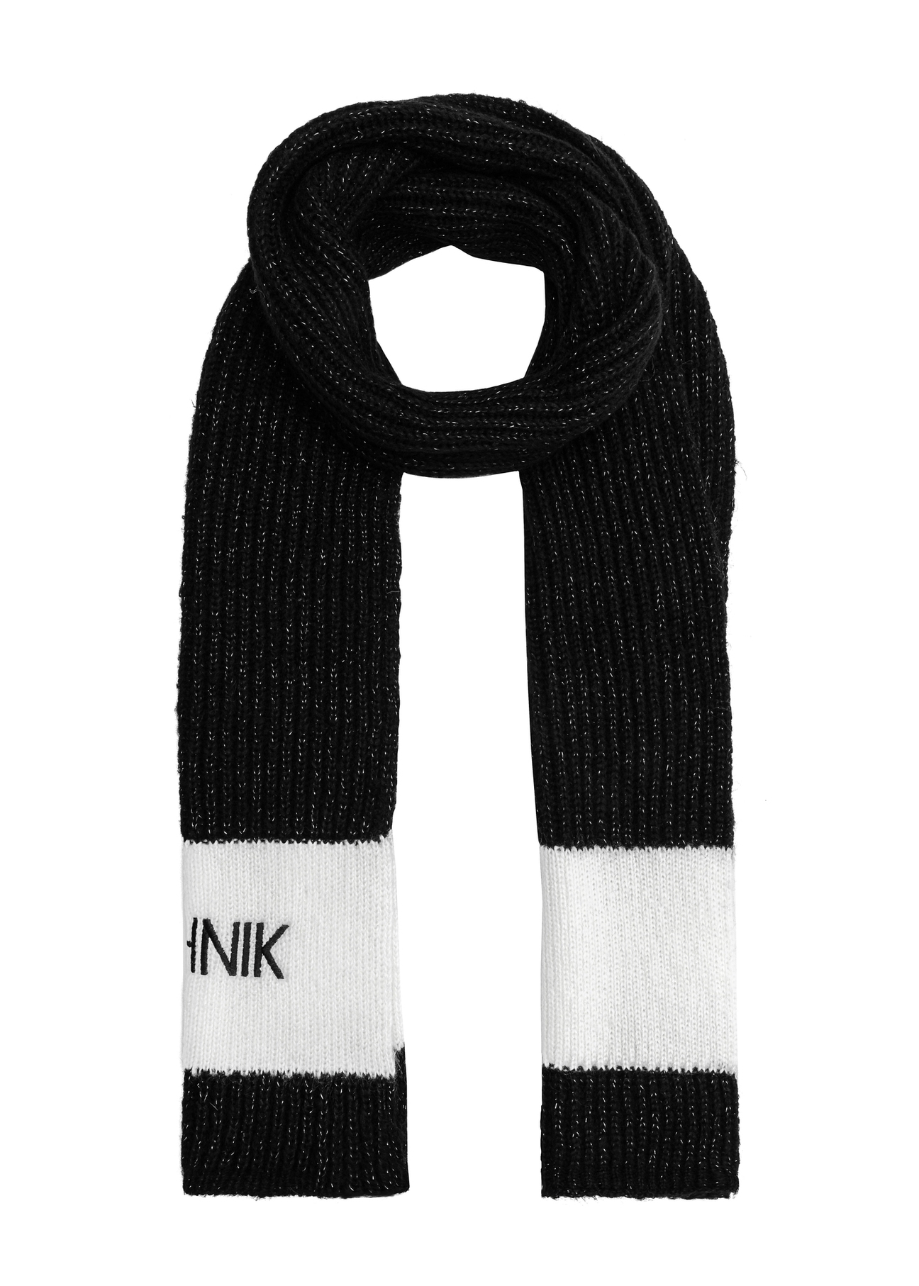 Czarny szalik damski z logo OCHNIK SZADT-0125A-99(Z25), widok zwiniętego produktu na białym tle.