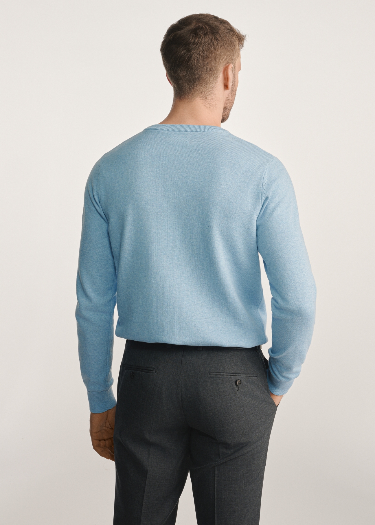 Niebieski bawełniany sweter męski SWEMT-0114A-61(Z25), produkt widoczny od tyłu na modelu, widoczne pół sylwetki.