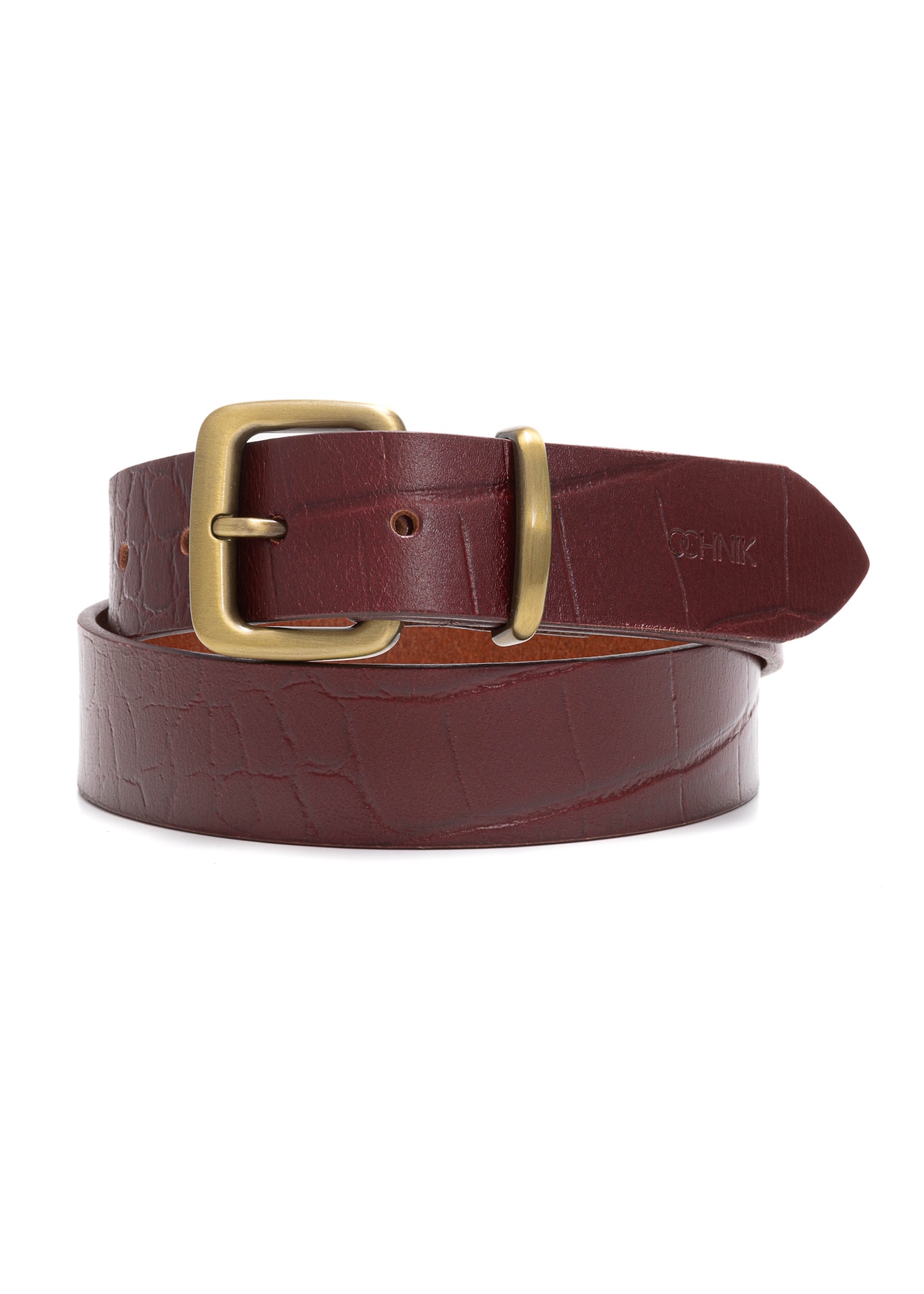 Skórzany pasek damski croco PASDS-0312A-49(Z25), widok produktu z przodu na białym tle.