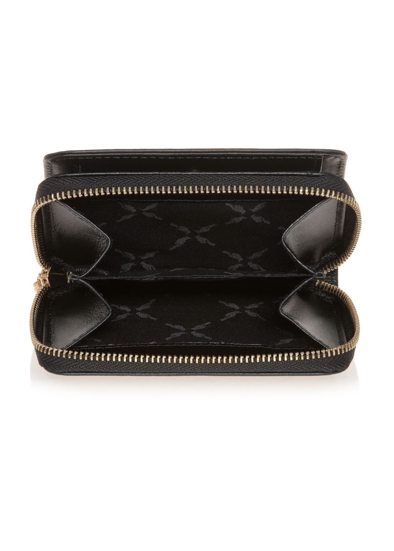 Mały czarny skórzany portfel damski PORES-0833R-99(Z25) - widok otwartego produktu z góry na białym tle. 