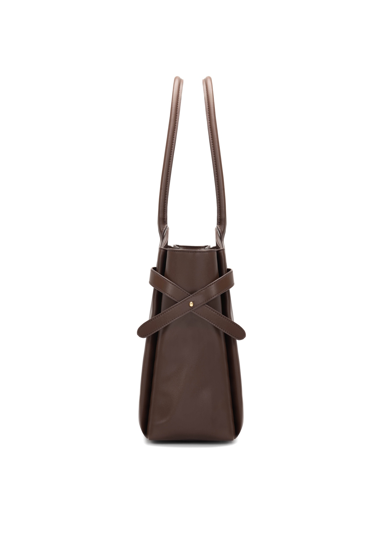 Duża brązowa torebka damska TOREC-1135-1H(W26), widok produktu z boku na białym tle.