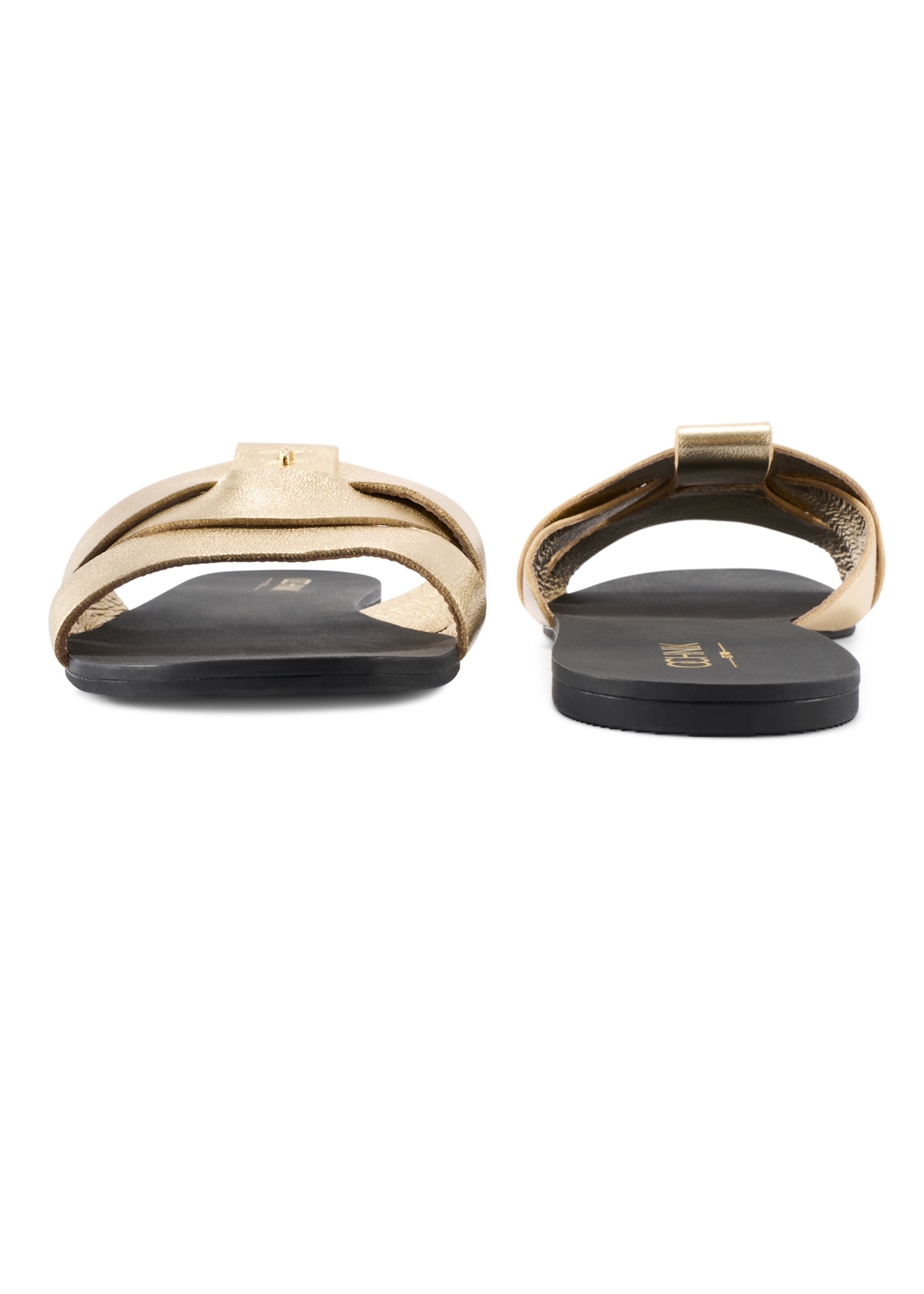 Złote klapki damskie z plecionką BUTYD-0903C-2X(W26), widok produktu z przodu i tyłu na białym tle.