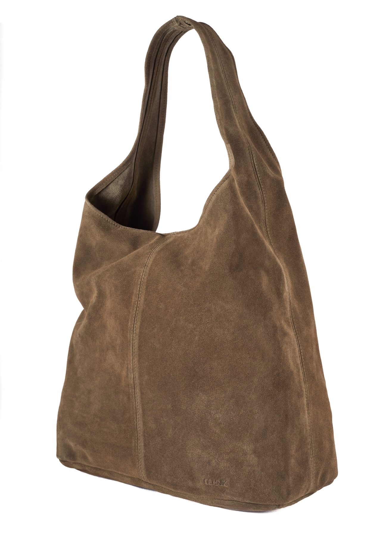 Zamszowa shopperka damska khaki TORES-1177-57(Z25), widok skosu produktu na białym tle. 