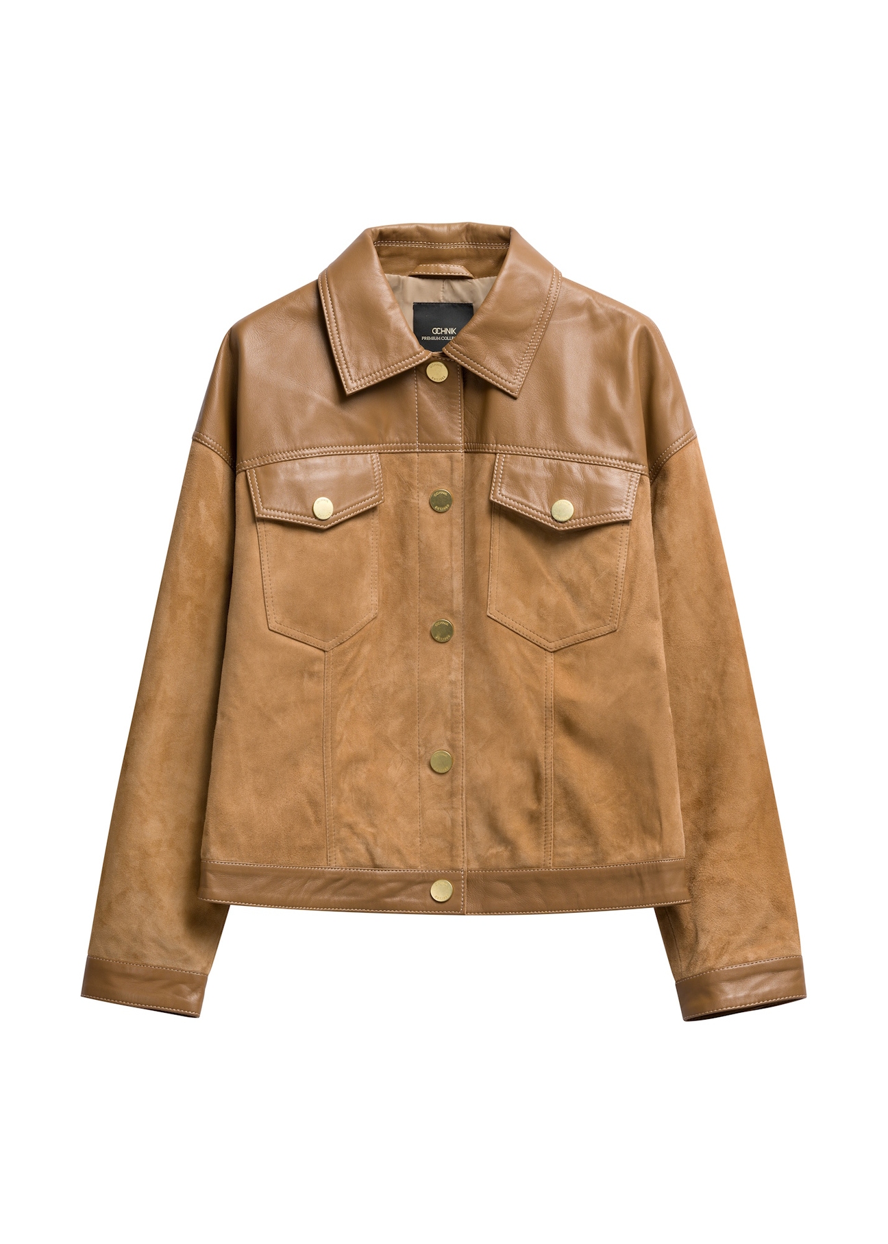 Beżowa skórzana kurtka damska KURDS-0572-1B(W26), widok produktu z przodu na białym tle.