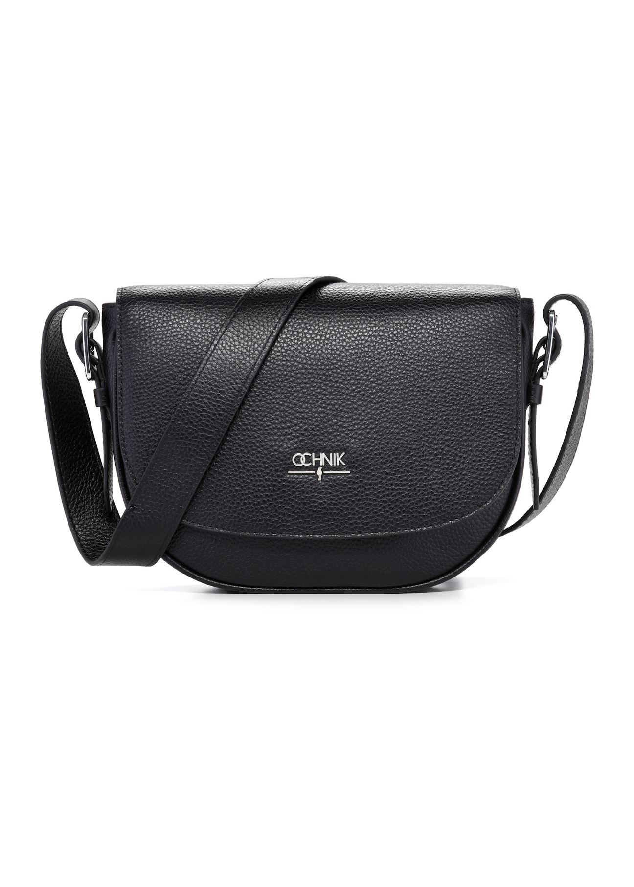 Czarna skórzana torebka damska na ramię TORES-1218-9I(W26), widok produktu z przodu na białym tle.