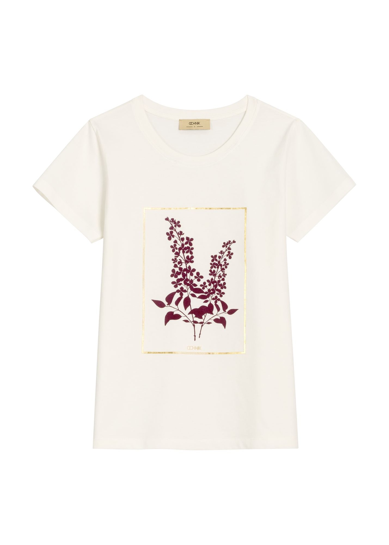 Kremowy bawełniany T-shirt damski z nadrukiem TSHDT-0164-0B(Z26) - widok produktu z przodu, na białym tle. 