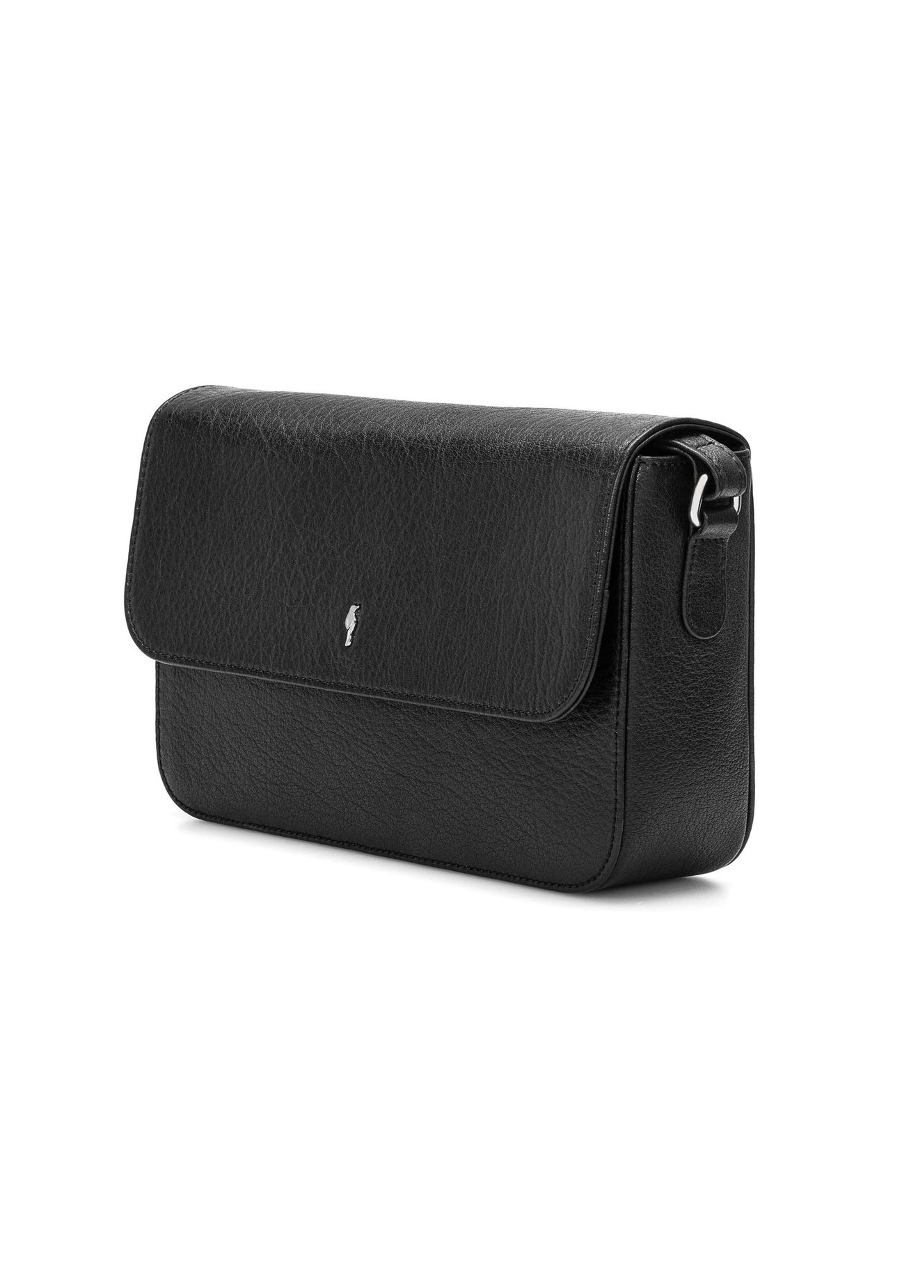 Czarna skórzana listonoszka damska TORES-1245-99(W26) - widok produktu po skosie na białym tle. 