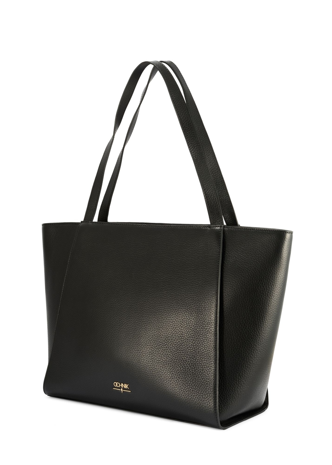 Czarna skórzana torebka shopper TORES-1209-9I(W26) - widok produktu po skosie, na białym tle. 