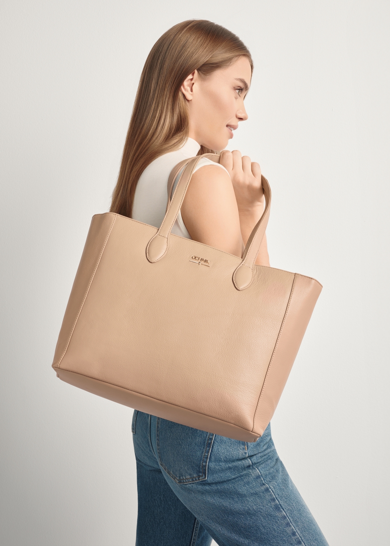 Beżowa skórzana torebka shopper damska TORES-0971F-1B(W26)