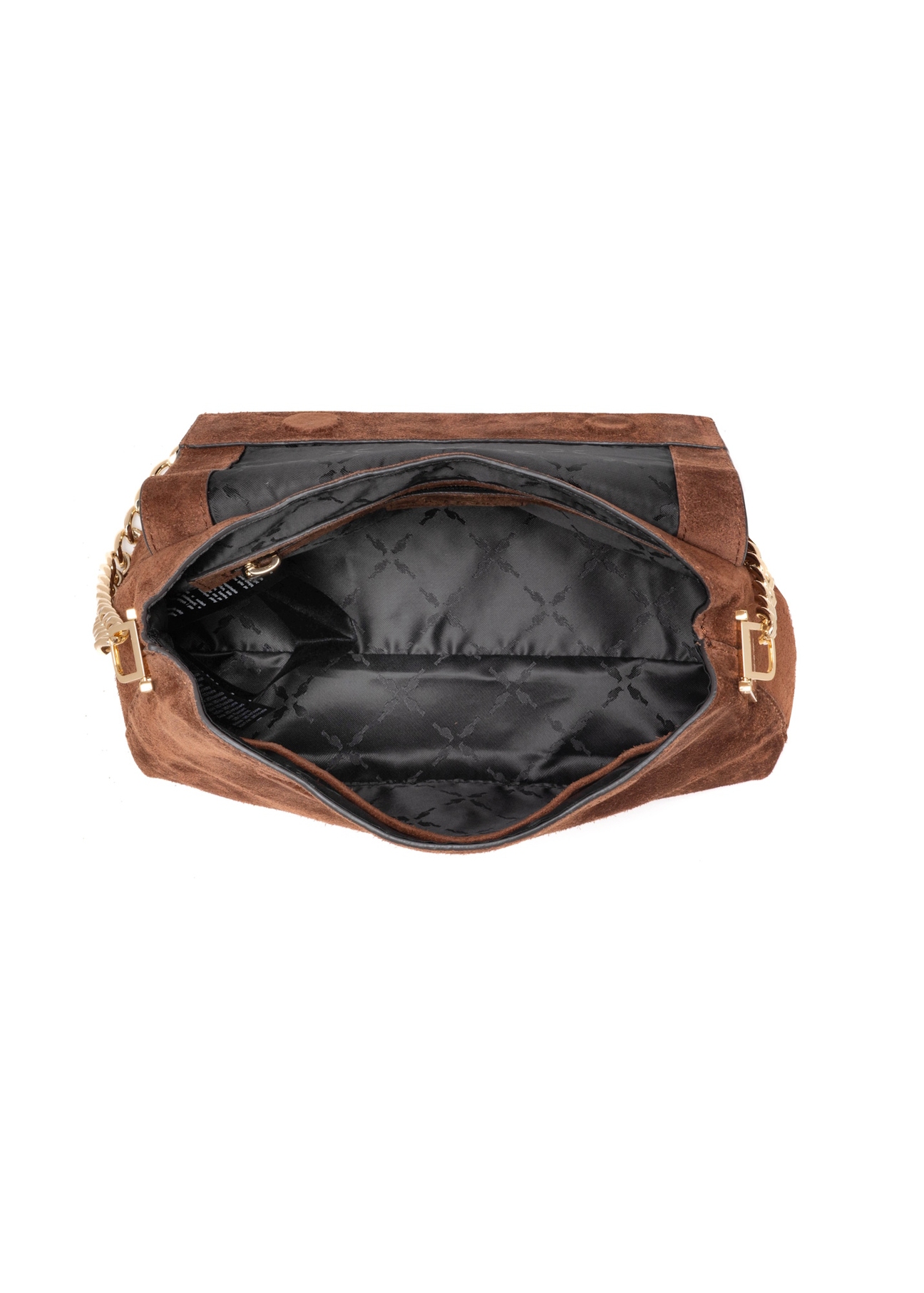 Koniakowa zamszowa mała torebka damska TORES-1170-1F(W26), widok produktu w środku na białym tle.