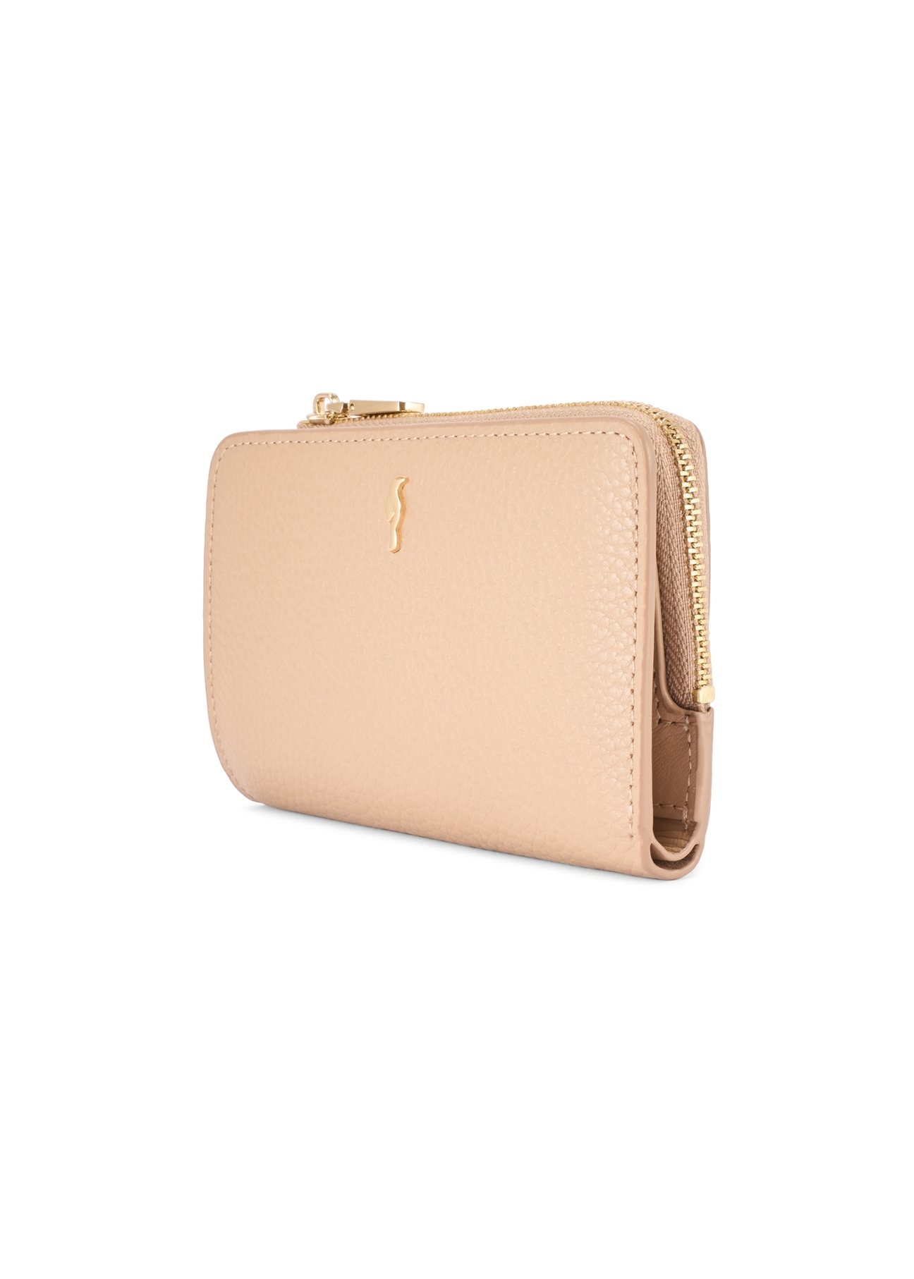 Skórzany portfel damski w kolorze beżowym PORES-0977R-1B(W26), widok produktu skosem na białym tle.