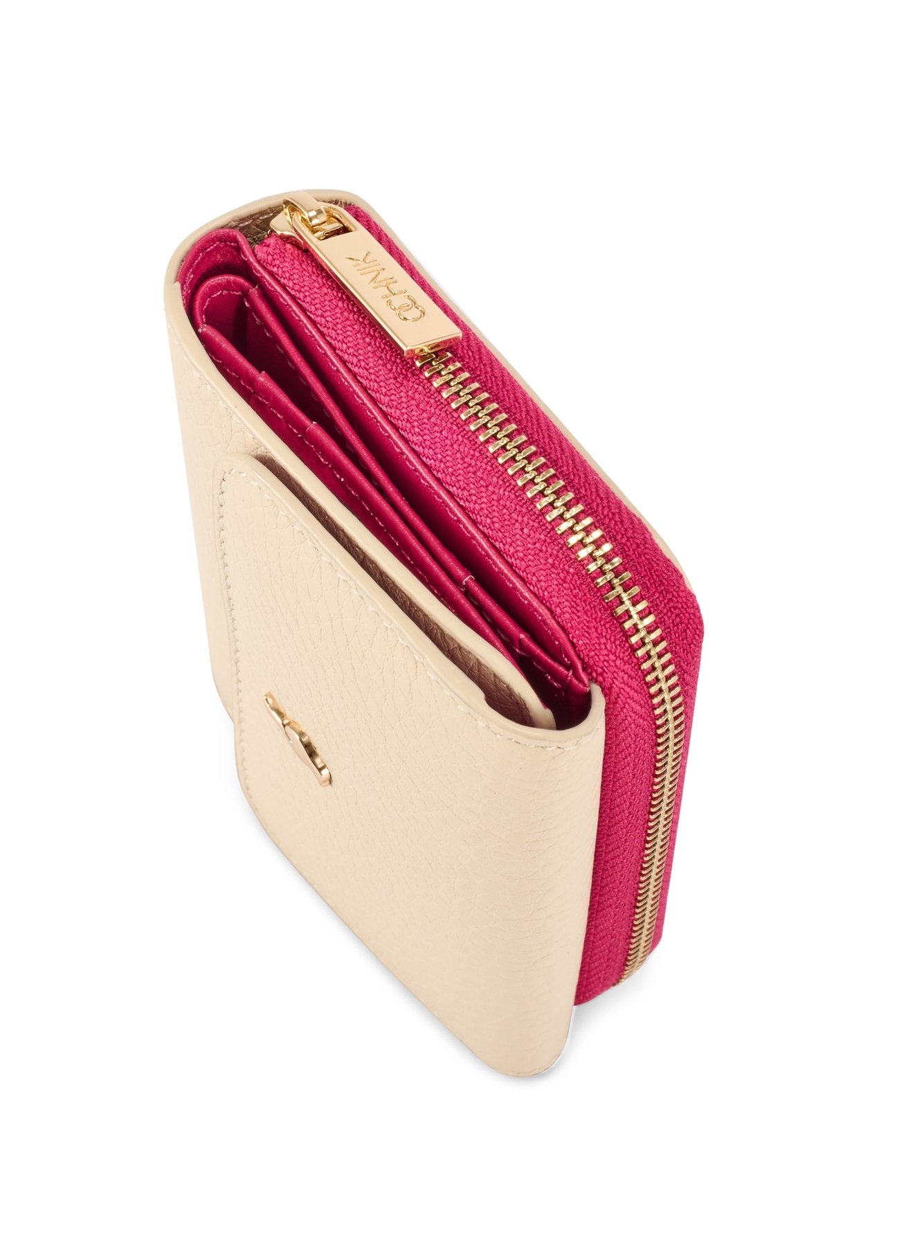 Mały skórzany portfel damski PORES-0982-0P(W26), zbliżenie na detal na białym tle.