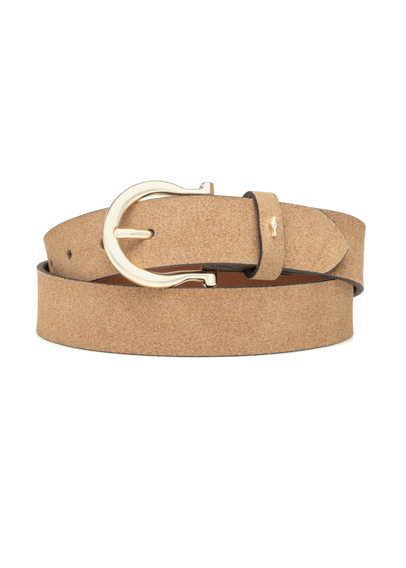 Skórzany pasek damski w kolorze beżowym PASDS-0274-1B(W26) - widok produktu z przodu, na białym tle. 