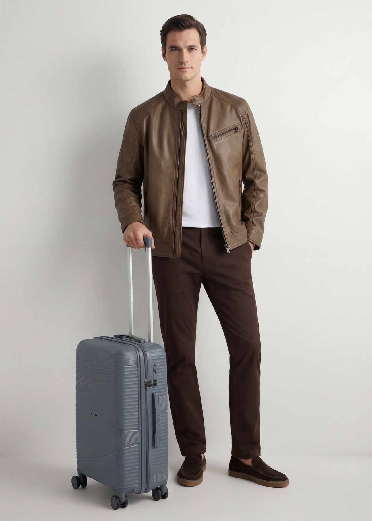 Walizka mała na kółkach WALPP-0021-9B-19(W26), widok produktu skosem obok sylwetki modela.